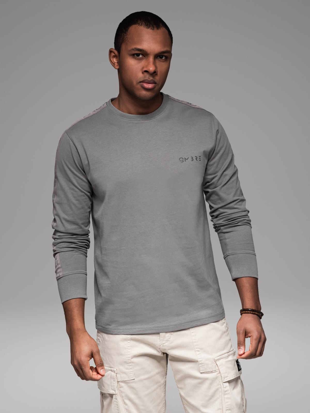 Ombre Men's cotton U-neck longsleeve with piping and chest print - grey