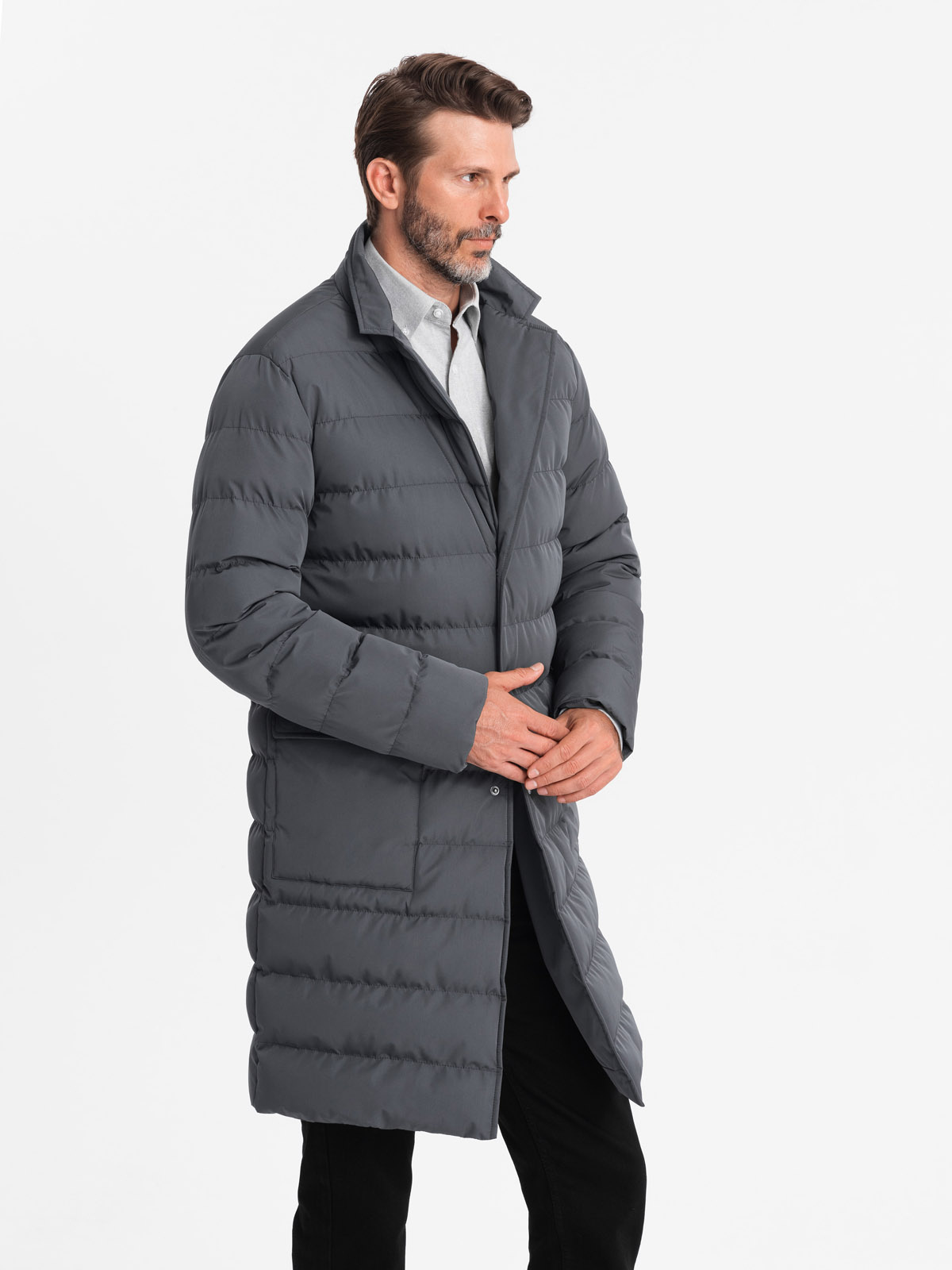 Ombre Men&#039;s long quilted jacket with lapels and lining - graphite