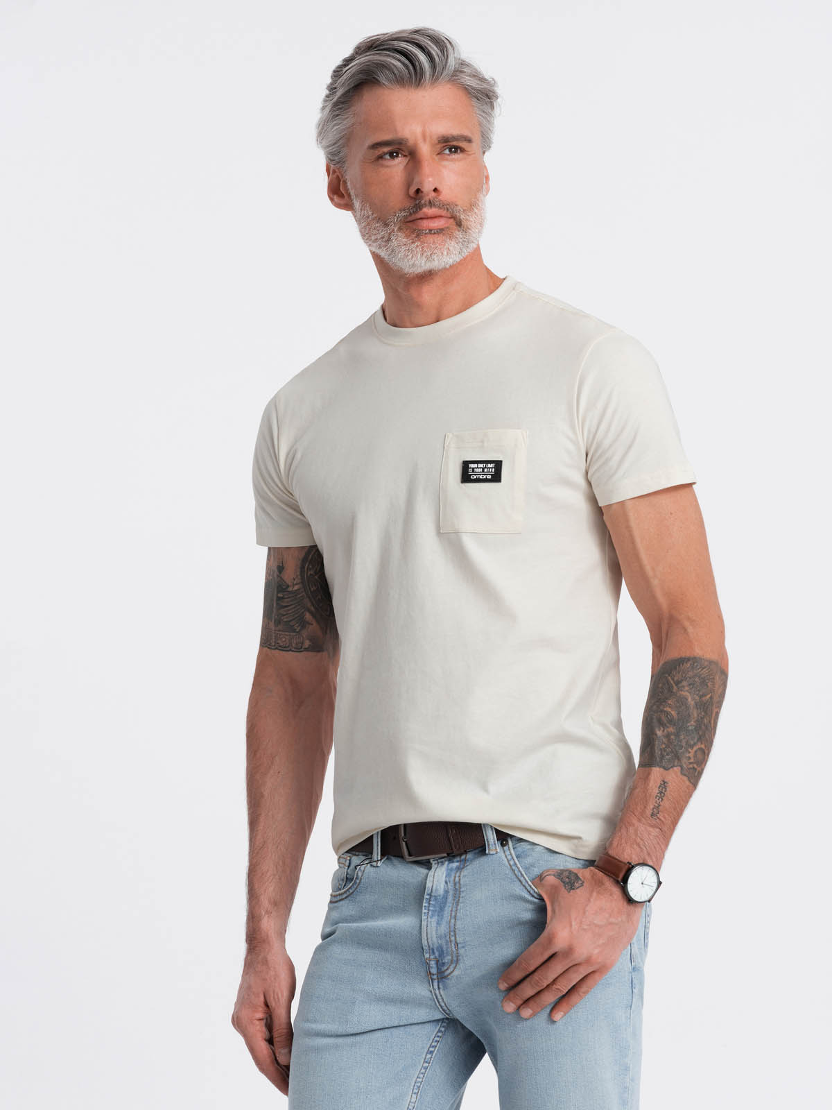 Levně Ombre Men's casual t-shirt with patch pocket - cream