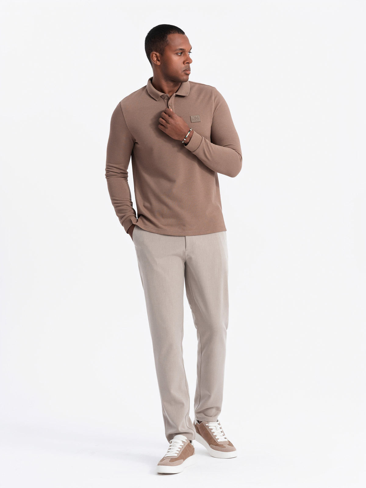 Ombre Men's structured polo longsleeve with patch - brown