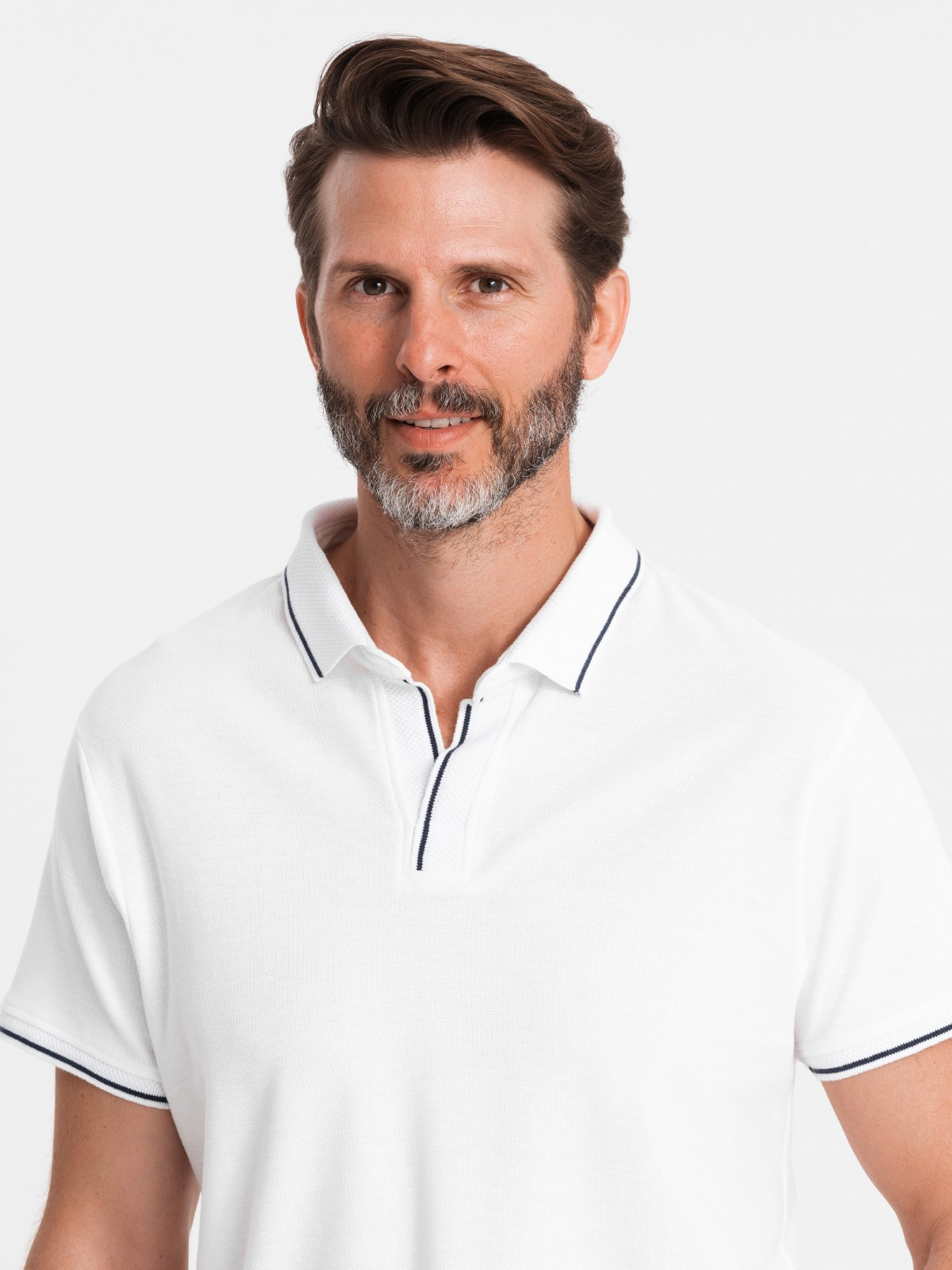 Ombre Men's pique knit polo shirt without buttons - white