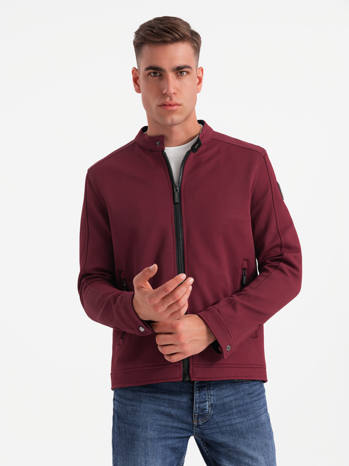 Ombre Men's BIKER jacket in structured fabric - maroon