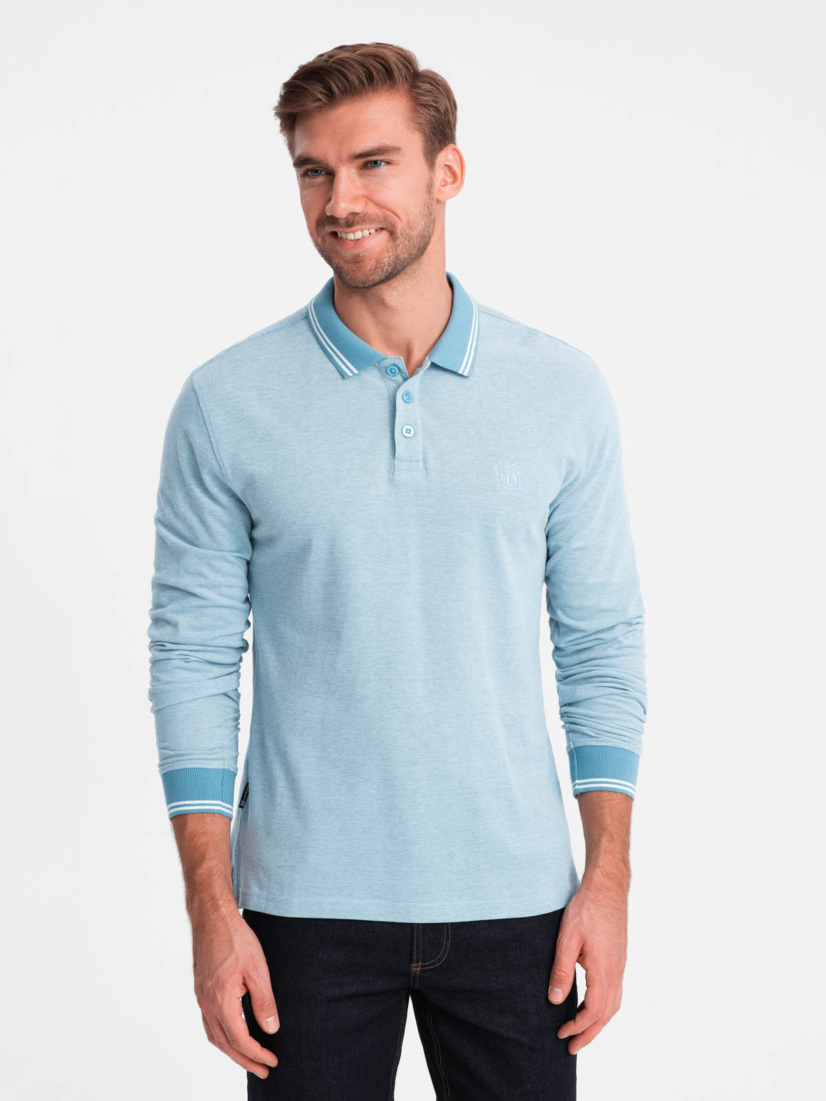 Ombre Men's melange polo longsleeve with embroidery - blue melange