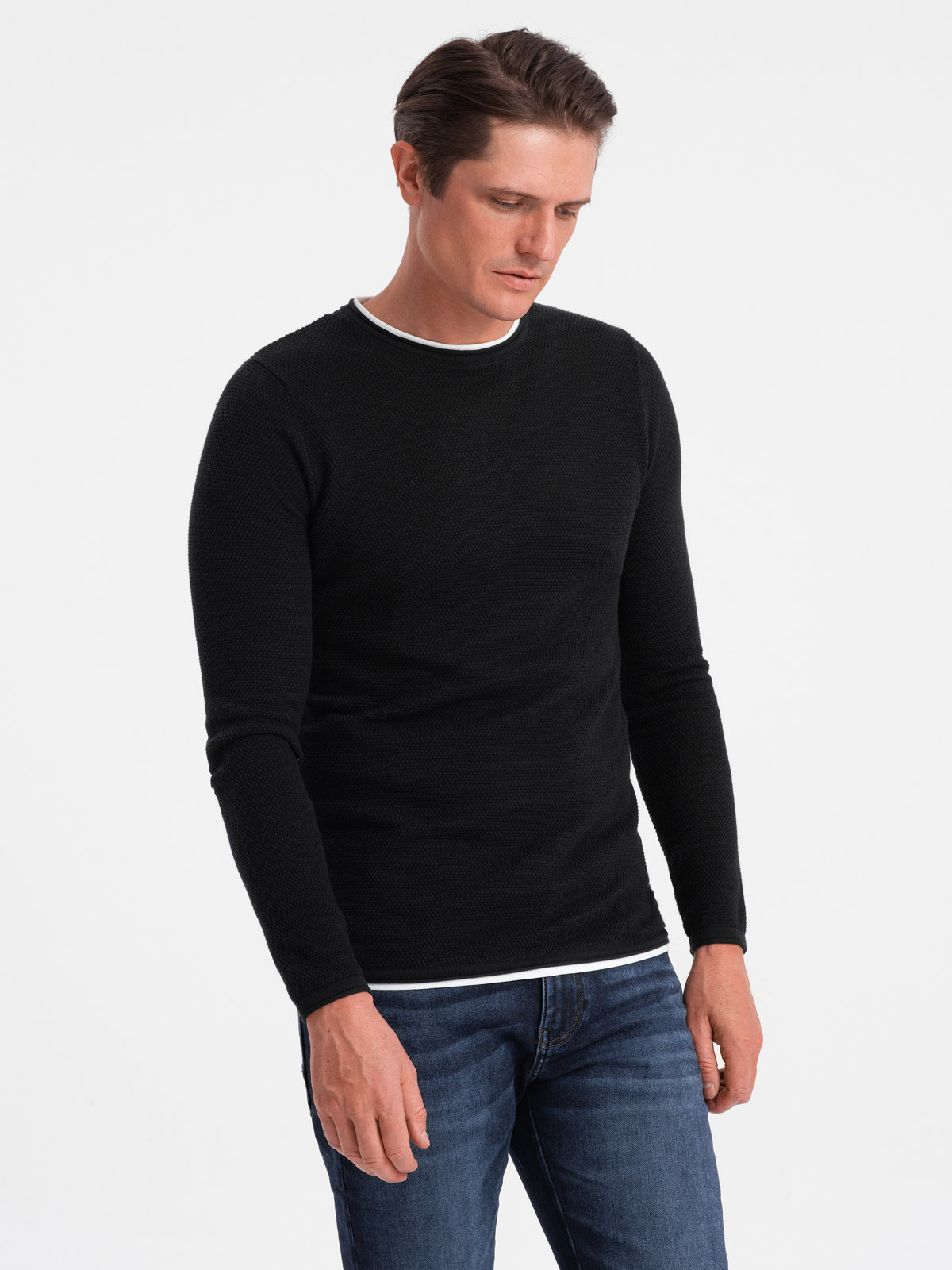 Ombre Men&#039;s cotton sweater with round neckline - black