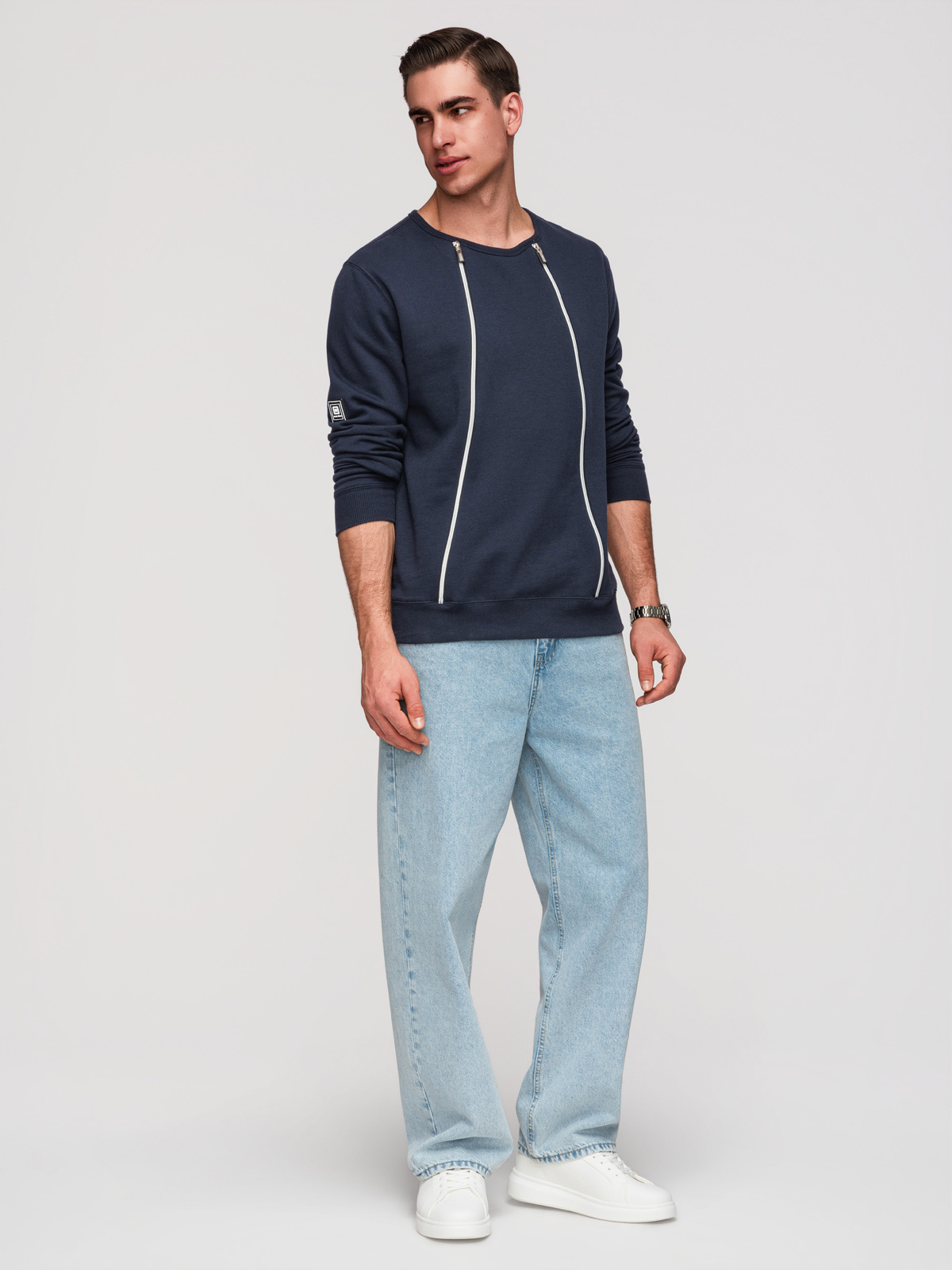 Ombre Men's sweatshirt with decorative zips on the front - navy blue