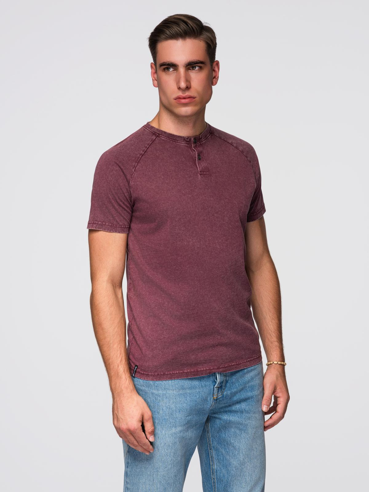 Ombre Men's T-shirt with wash effect and buttons at neckline - burgundy