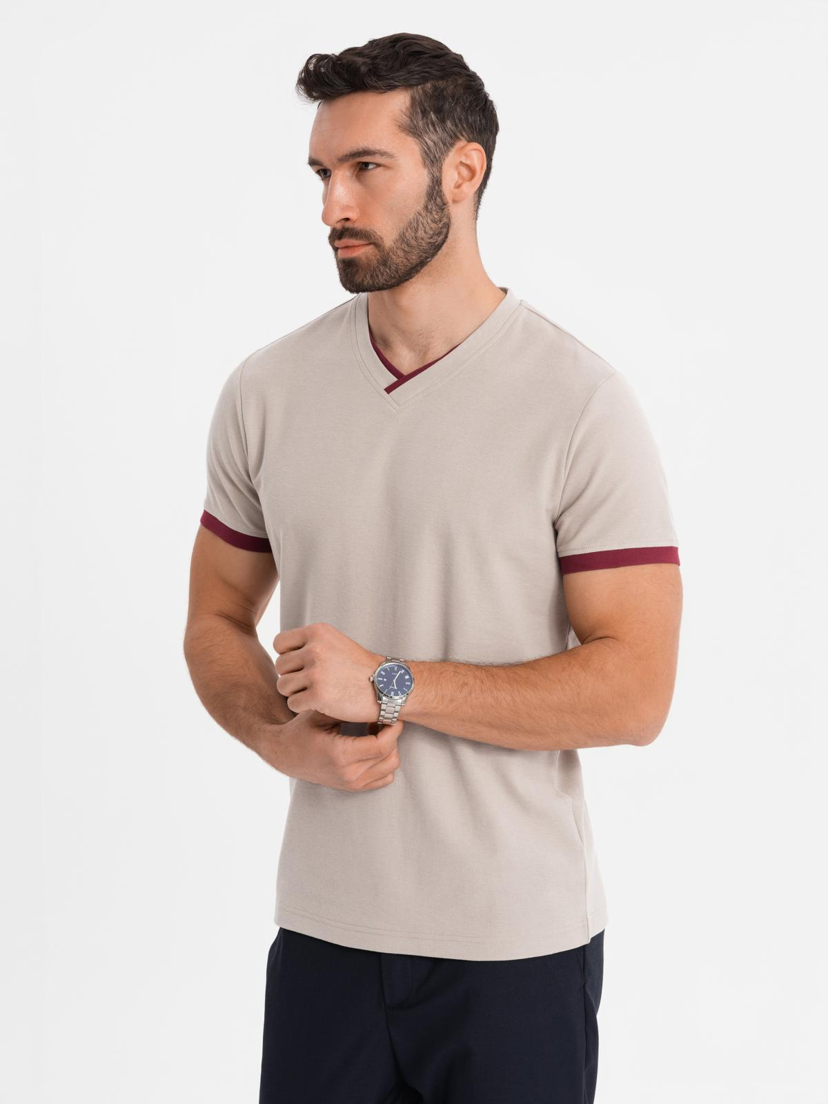 Ombre Men's T-shirt with contrasting inserts and v-neck - beige