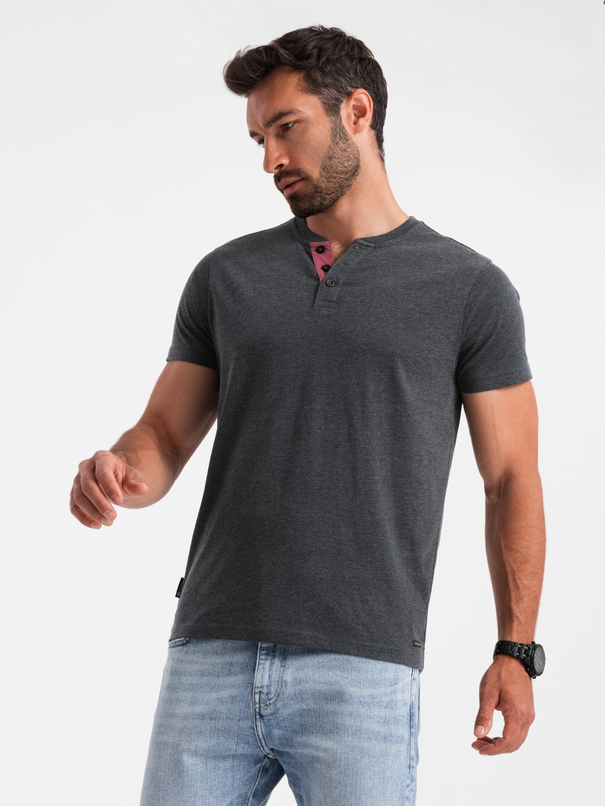 Ombre Men's T-shirt With Unbuttoned Round Henley Neckline - Black