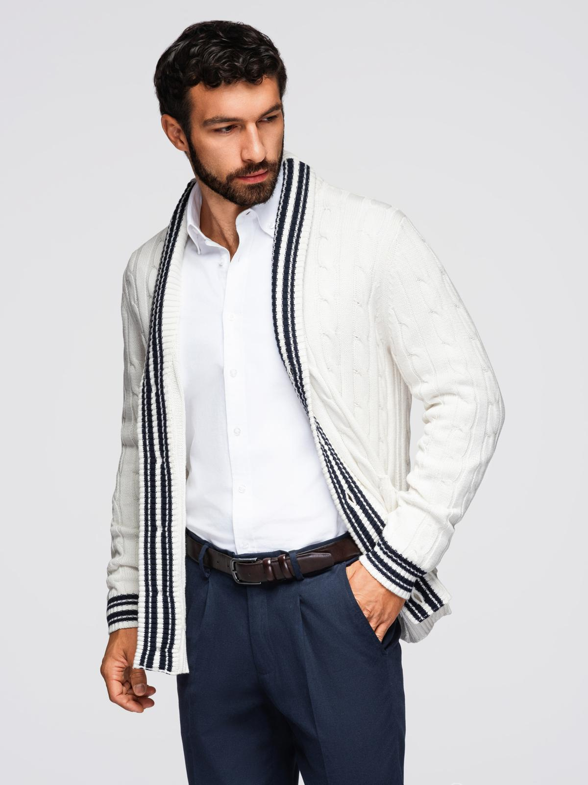 Ombre Men's cardigan sweater with shawl collar in preppy style - white