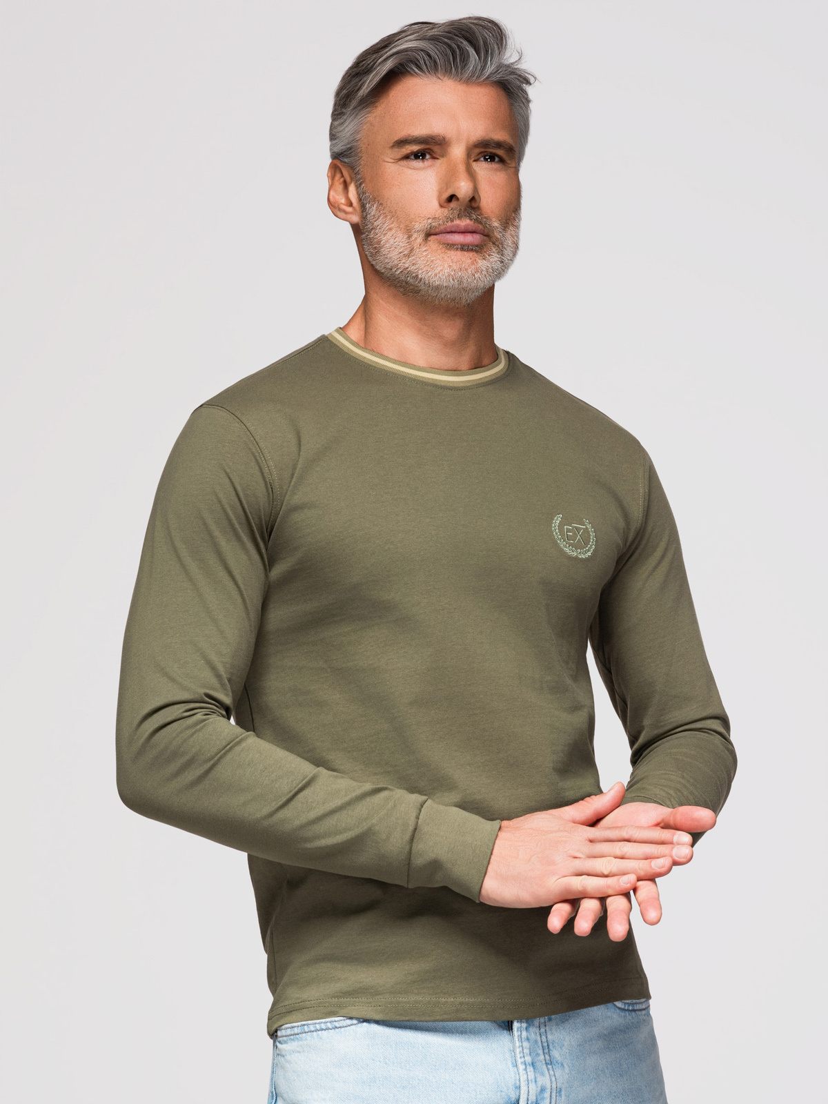 Ombre Men's cotton longsleeve with U neckline with stripes and embroidery - olive