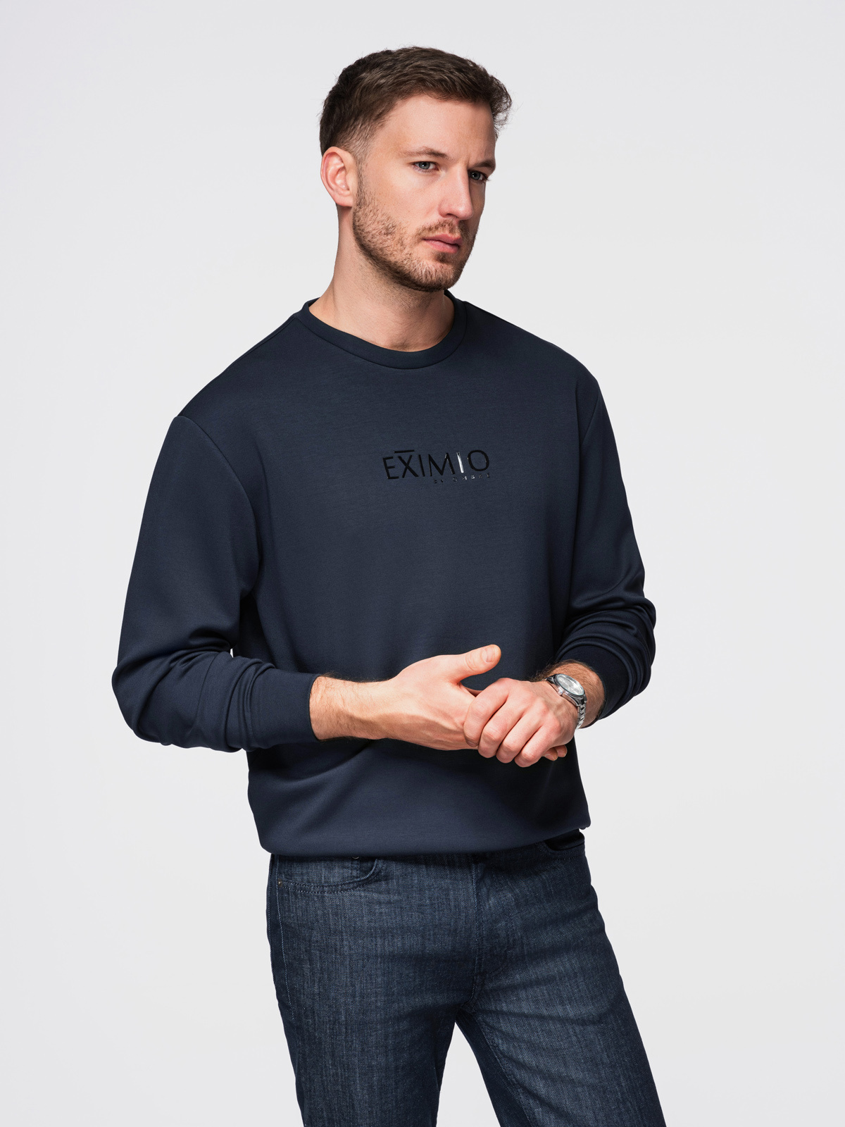 Ombre Men's regular sweatshirt with shiny print on chest - dark blue