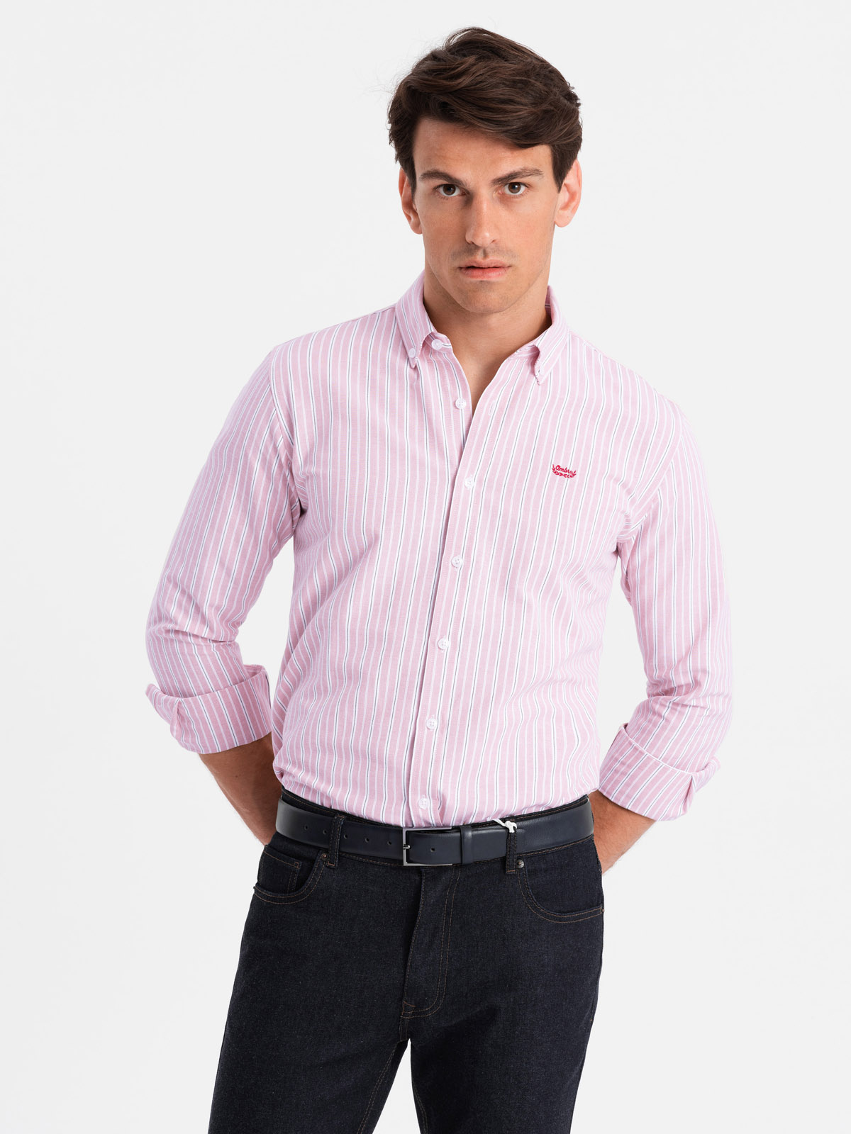 Ombre Men&#039;s cotton REGULAR FIT shirt with fine stripes - pink