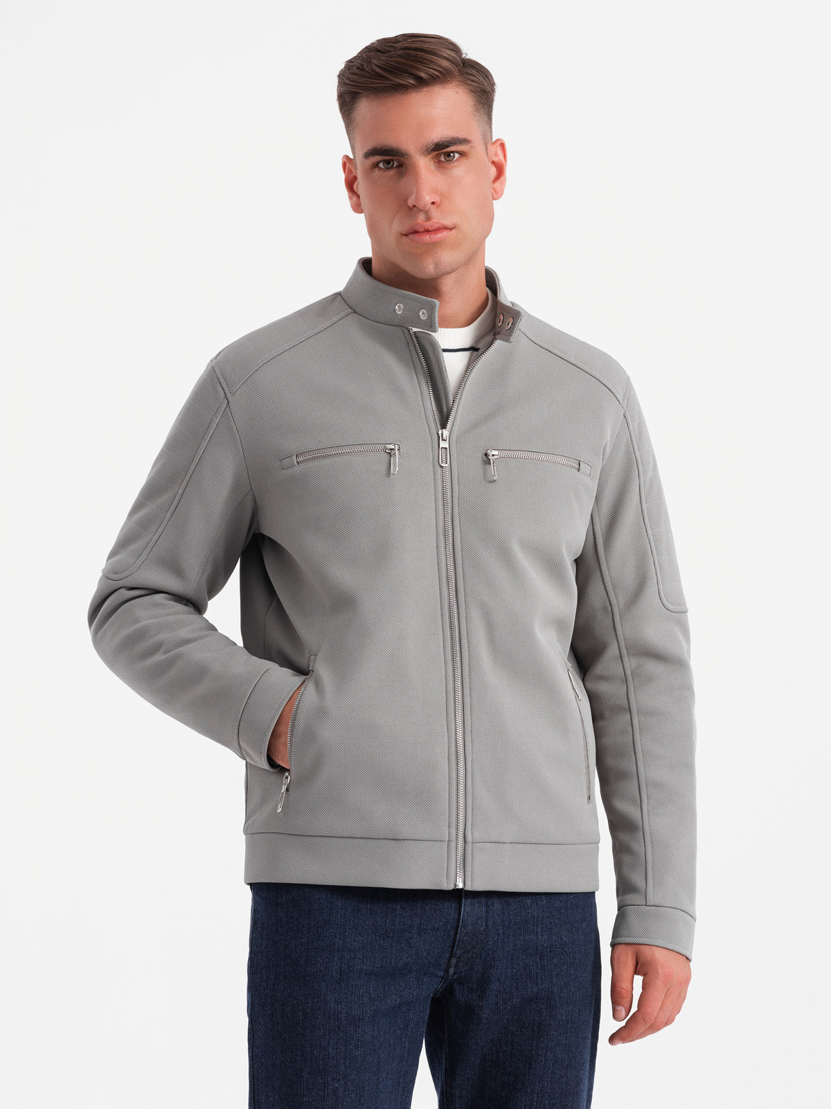 Ombre Men&#039;s biker jacket with pockets and collar - grey