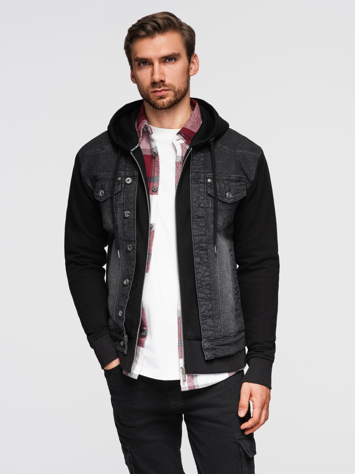 Ombre Men&#039;s denim jacket with knitted sleeves and hood - black