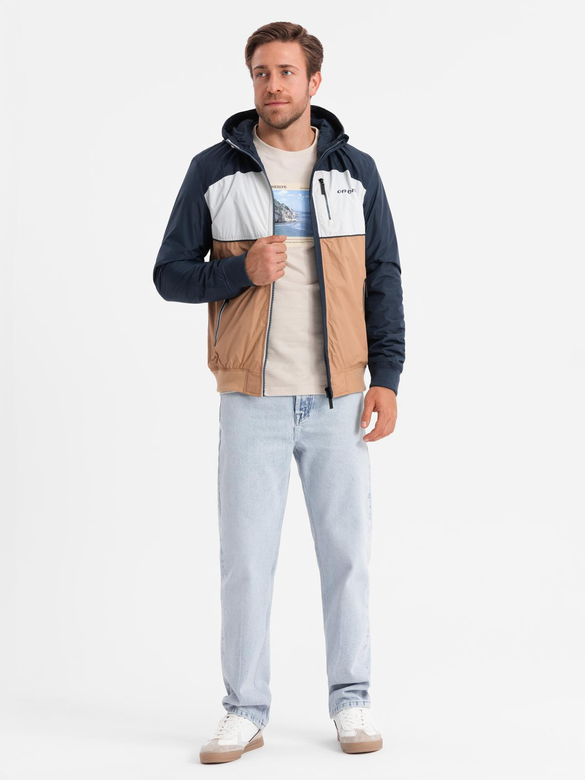 Ombre Lightweight colorful men&#039;s sports jacket with fleece - brown and navy blue