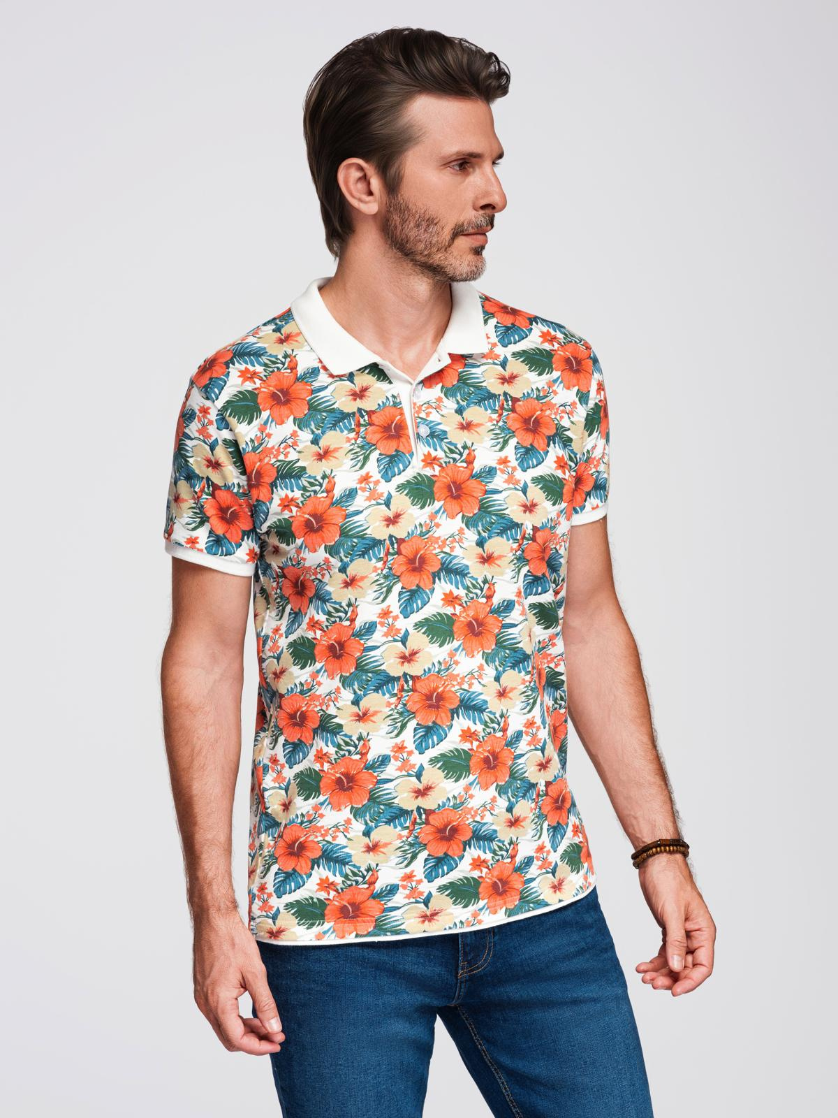 Ombre Cotton polo shirt with floral print - white