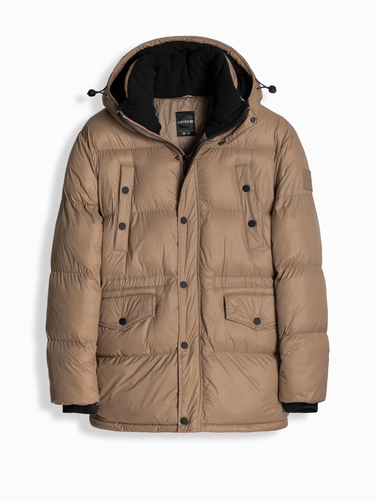 Ombre Men&#039;s long puffer jacket with snap pockets - brown