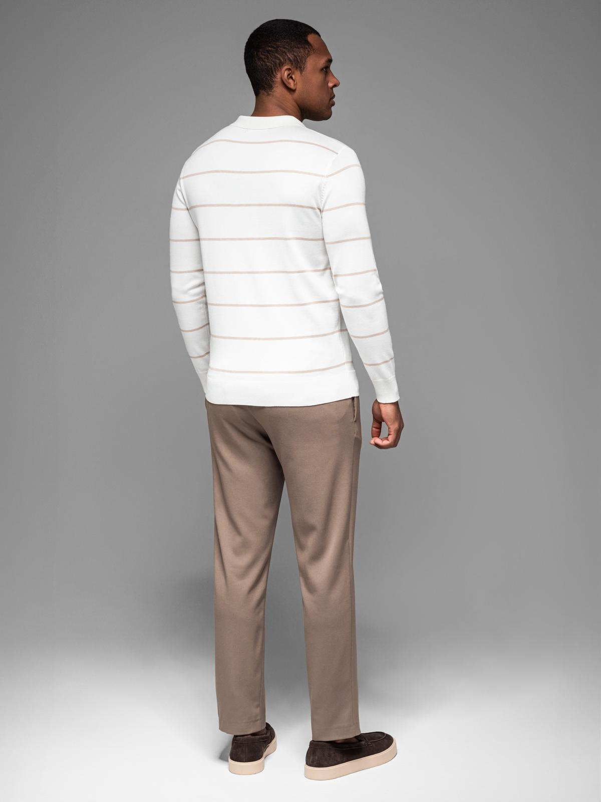 Ombre Men&#039;s horizontal striped polo longsleeve with viscose - white and beige