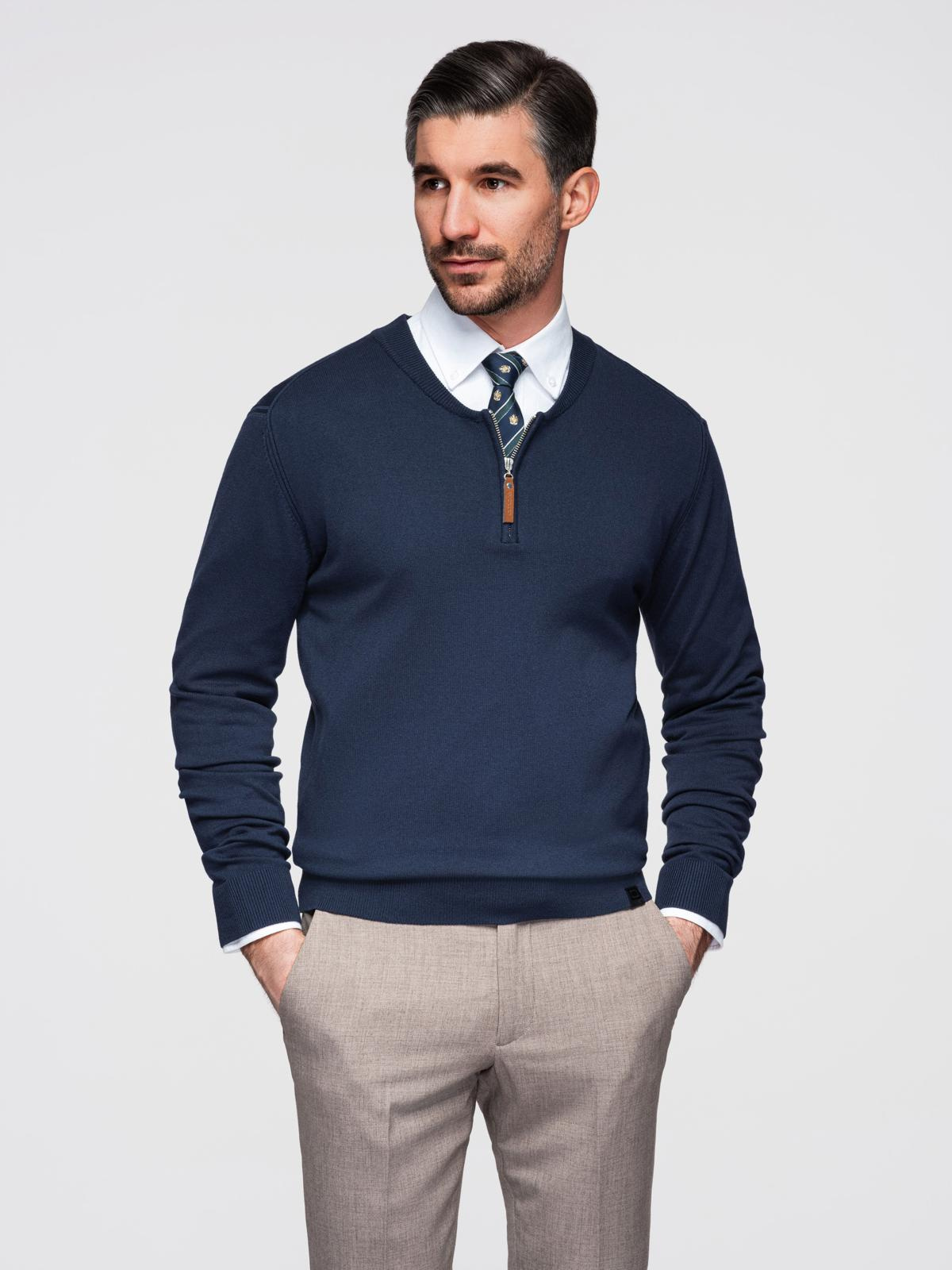 Ombre Men's sweater with viscose and spread neckline - navy blue