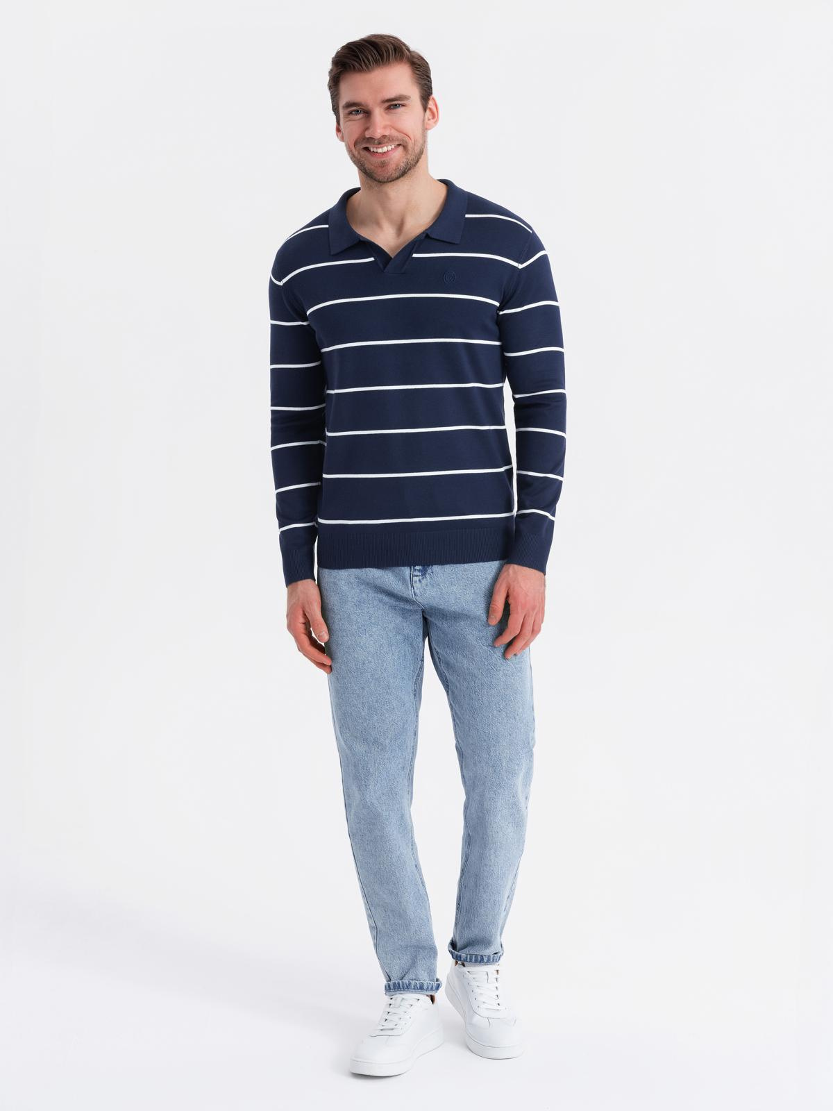 Ombre Men&#039;s horizontal striped polo longsleeve with viscose - navy blue and white