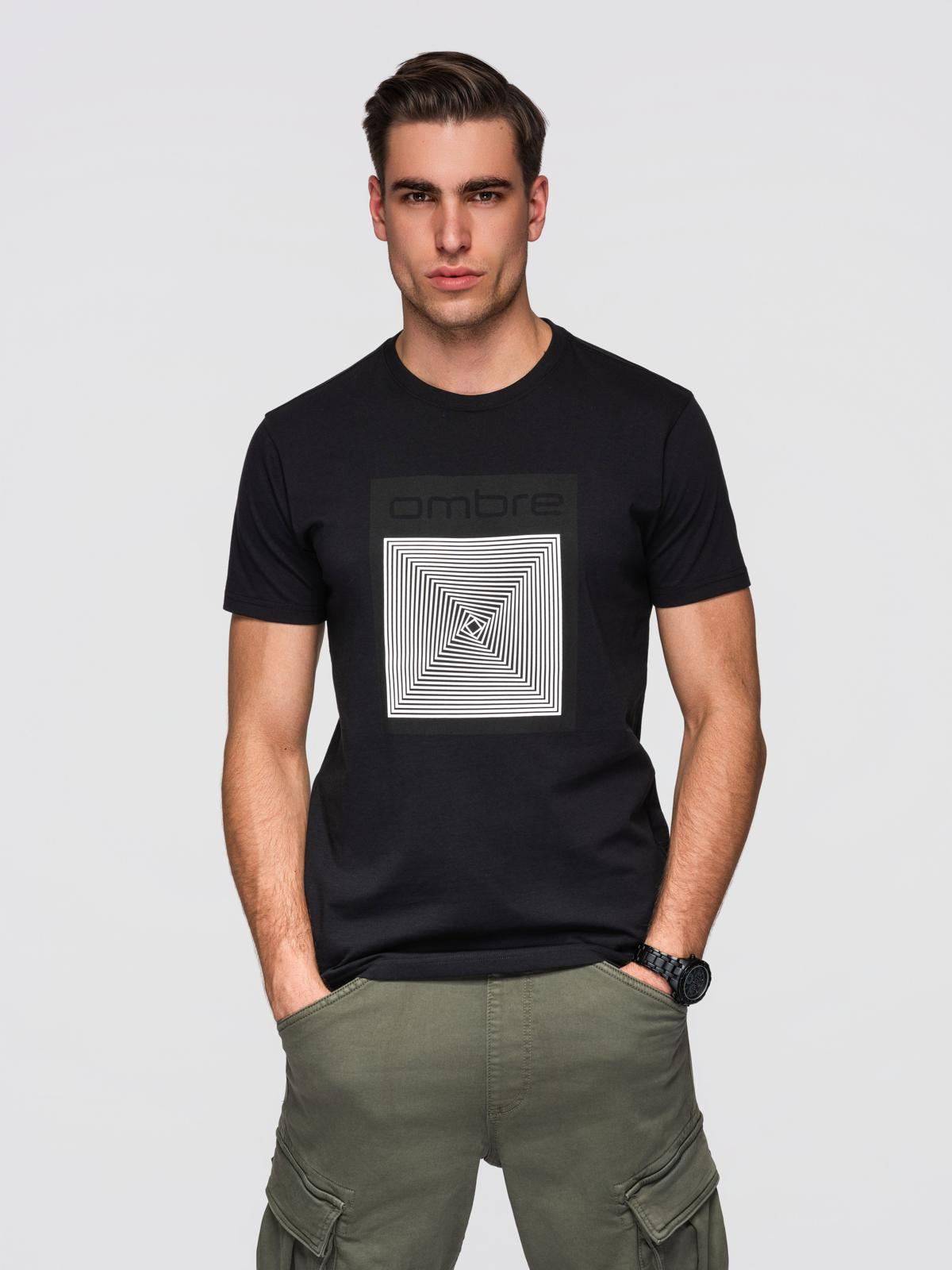 Ombre pánske tričko s geometrickou potlačou - čierne