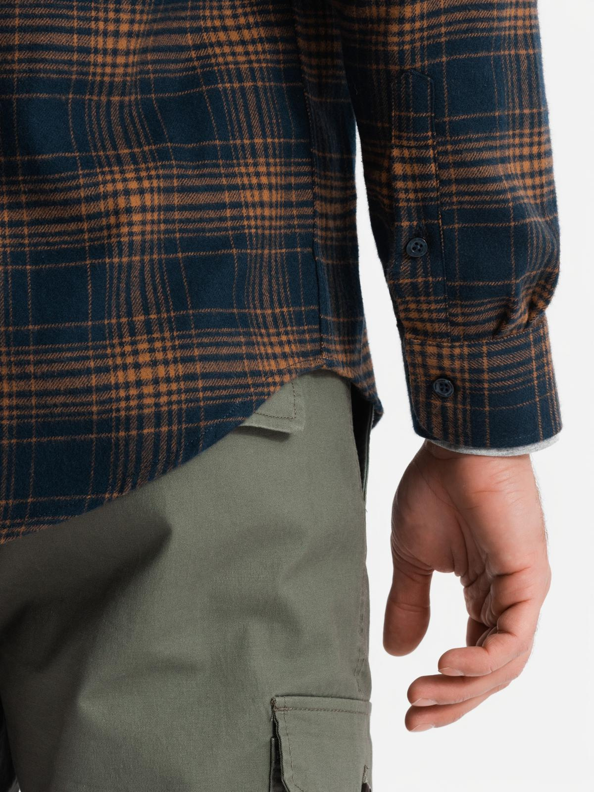 Ombre Men's checkered flannel shirt - navy blue and orange