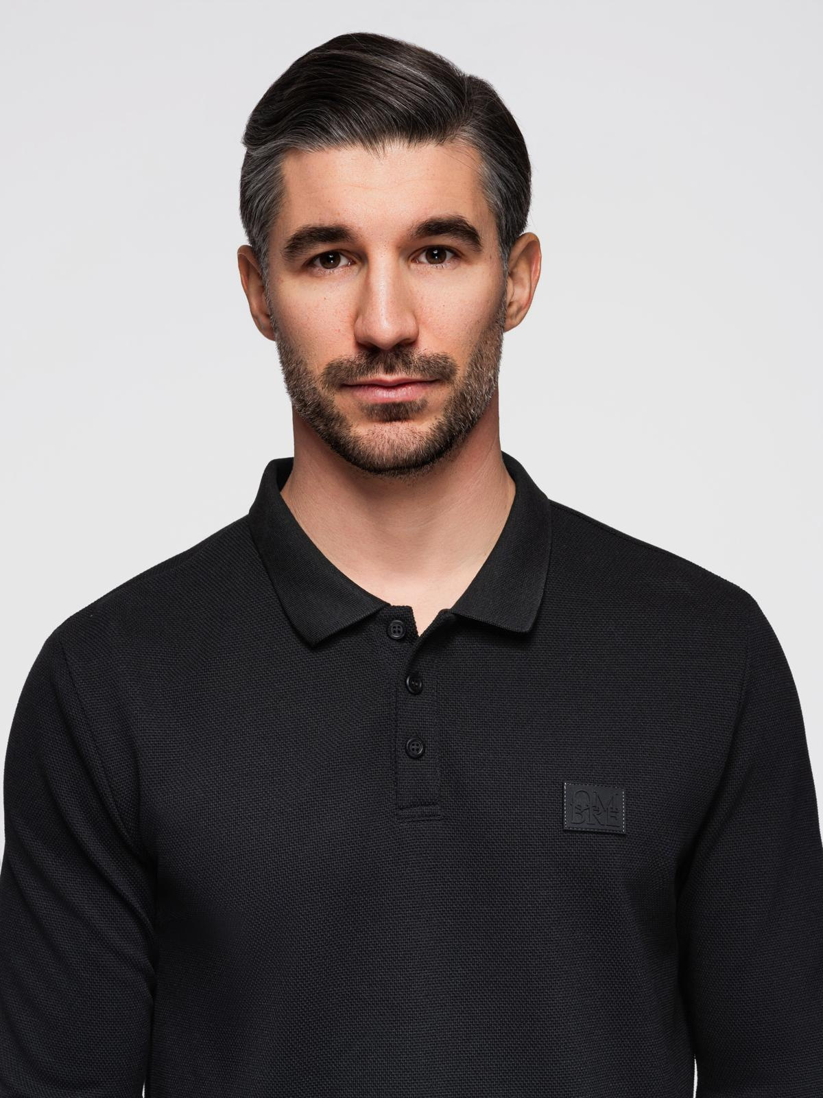 Ombre Structured men's polo longsleeve with patch - black