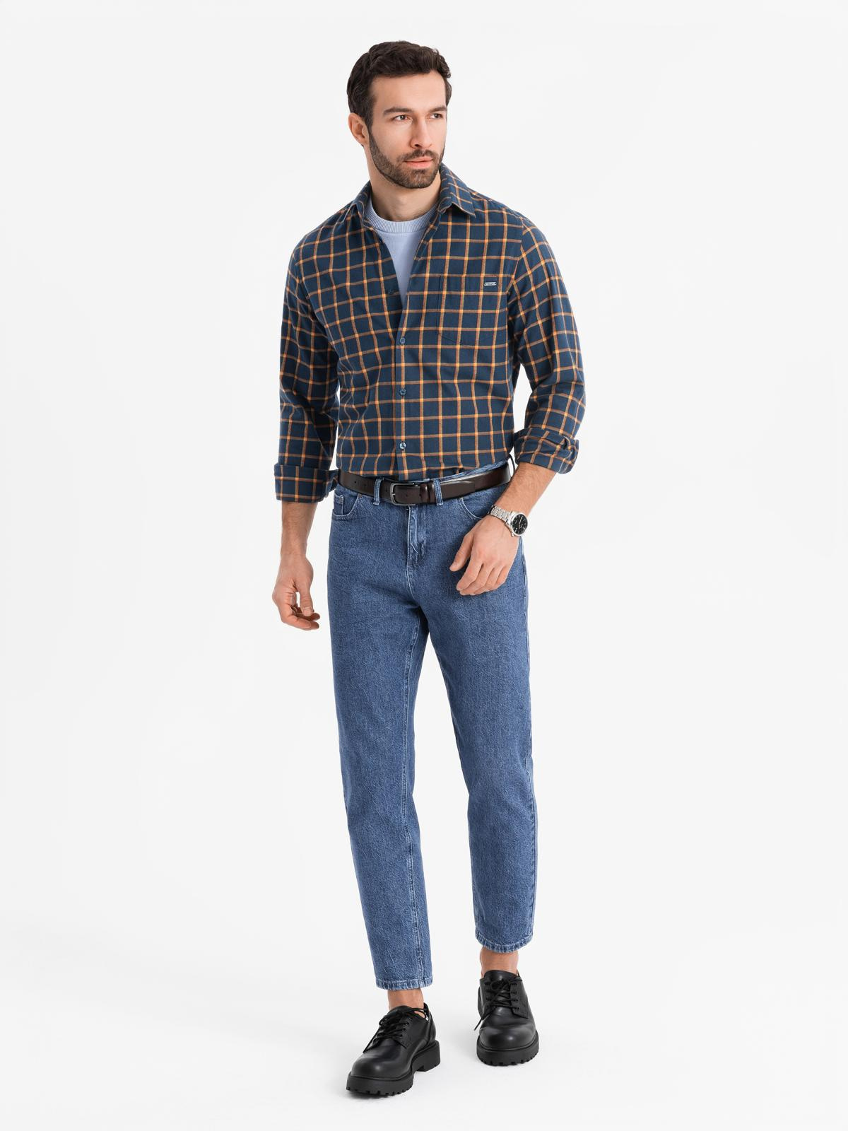 Ombre Men's plaid flannel shirt SLIM FIT - navy blue and orange