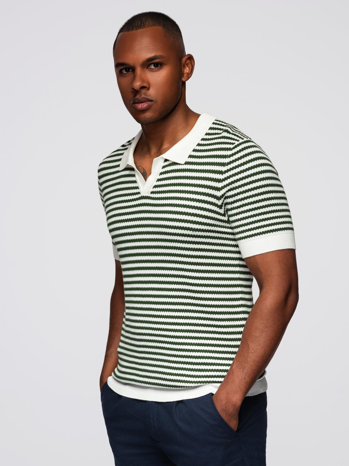 Ombre Men's knitted buttonless polo shirt with navy stripes - white and olive
