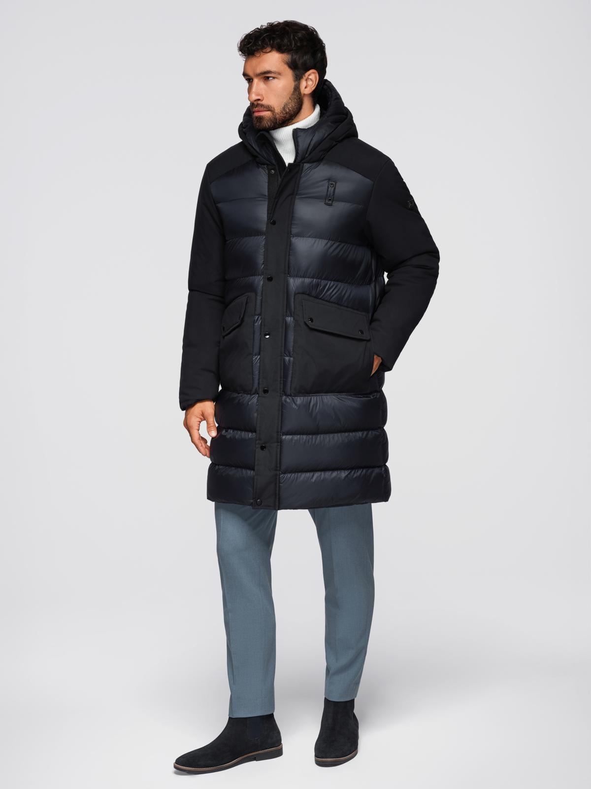 Ombre Men&#039;s long quilted jacket with large pockets - black