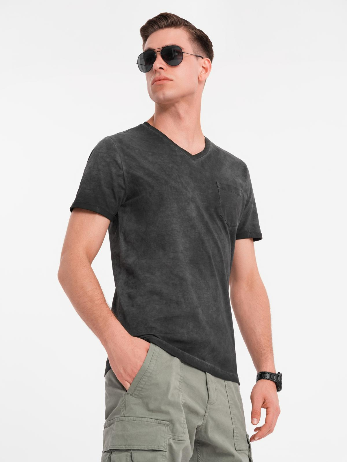 Ombre Men's cotton knit V-neck t-shirt with wash effect - black