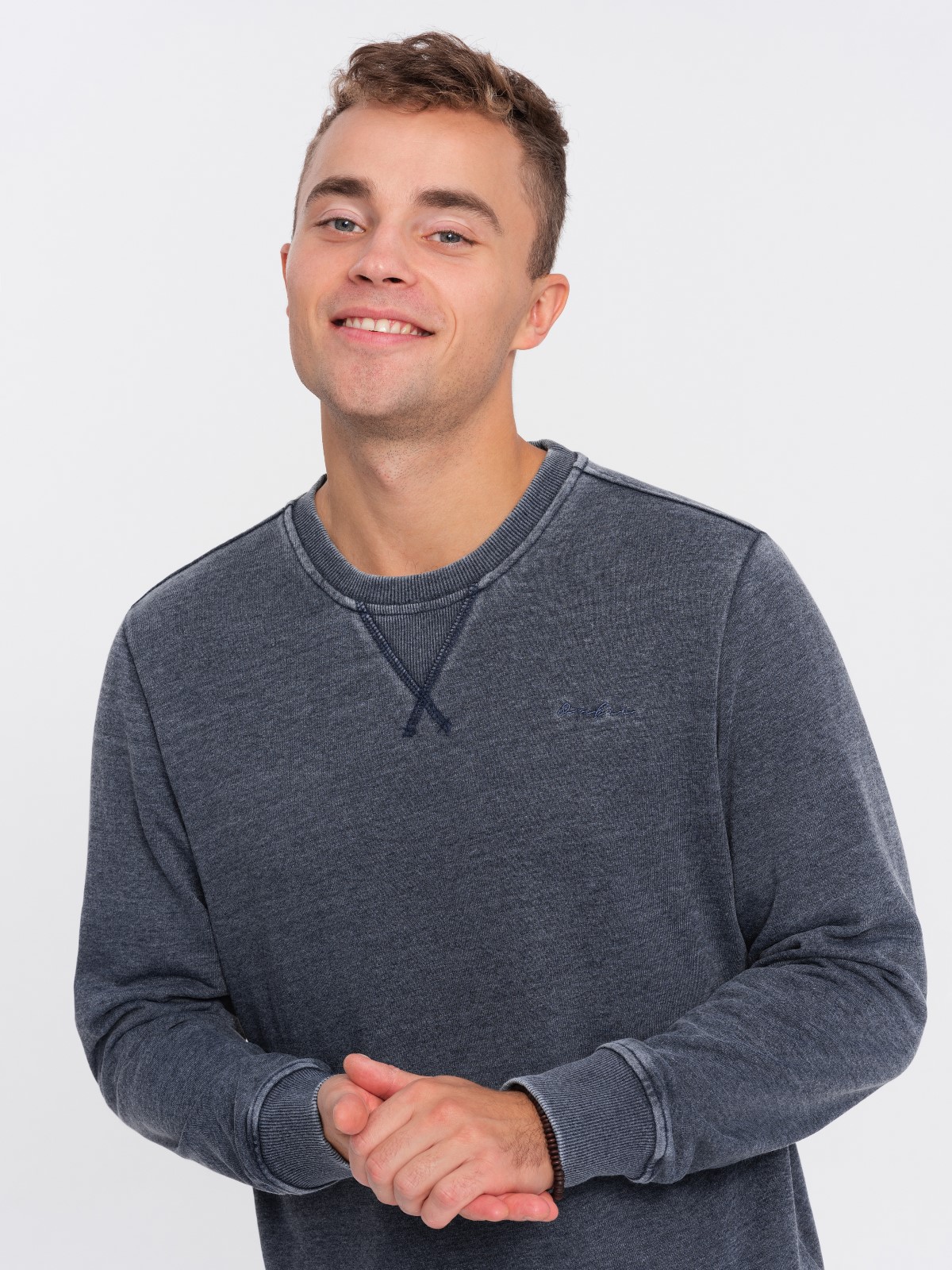 Ombre Washed men&#039;s sweatshirt with decorative stitching at the neckline - navy blue
