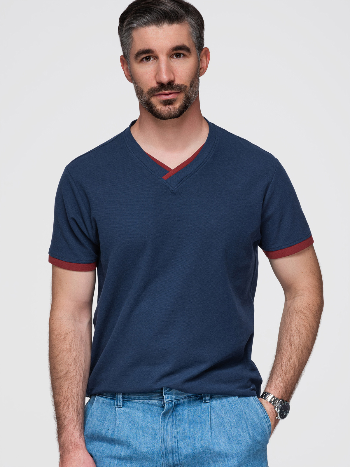 Ombre Men's T-shirt with contrasting inserts and v-neck - navy blue