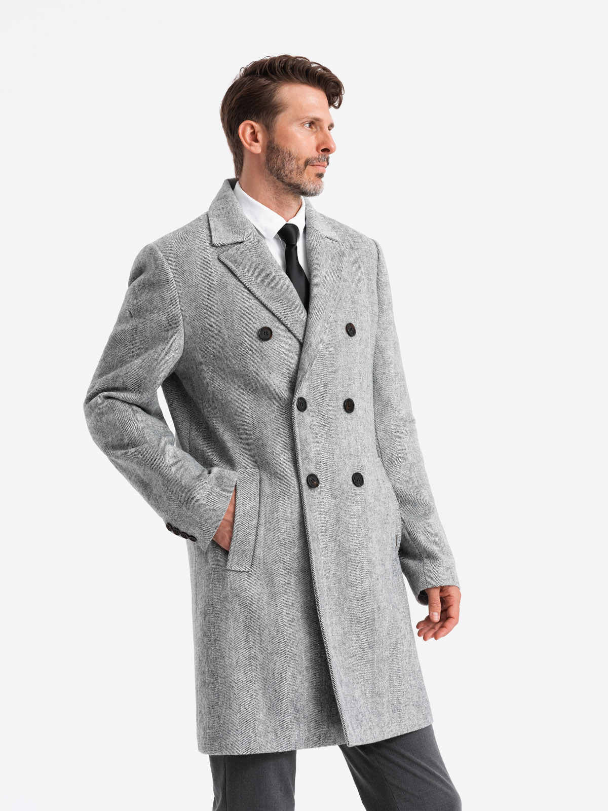 Ombre Elegant double-breasted men&#039;s herringbone coat - grey