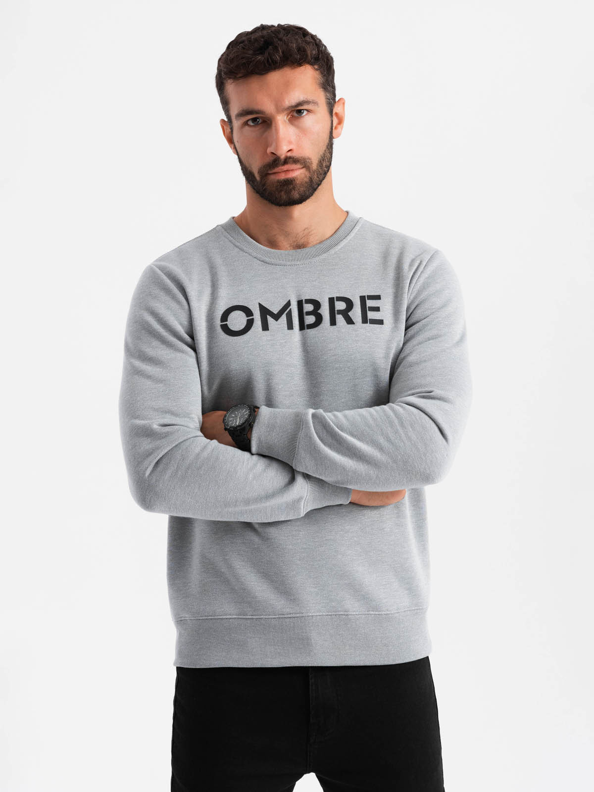 Ombre Classic Men's Sweatshirt With Inscription - Gray Melange