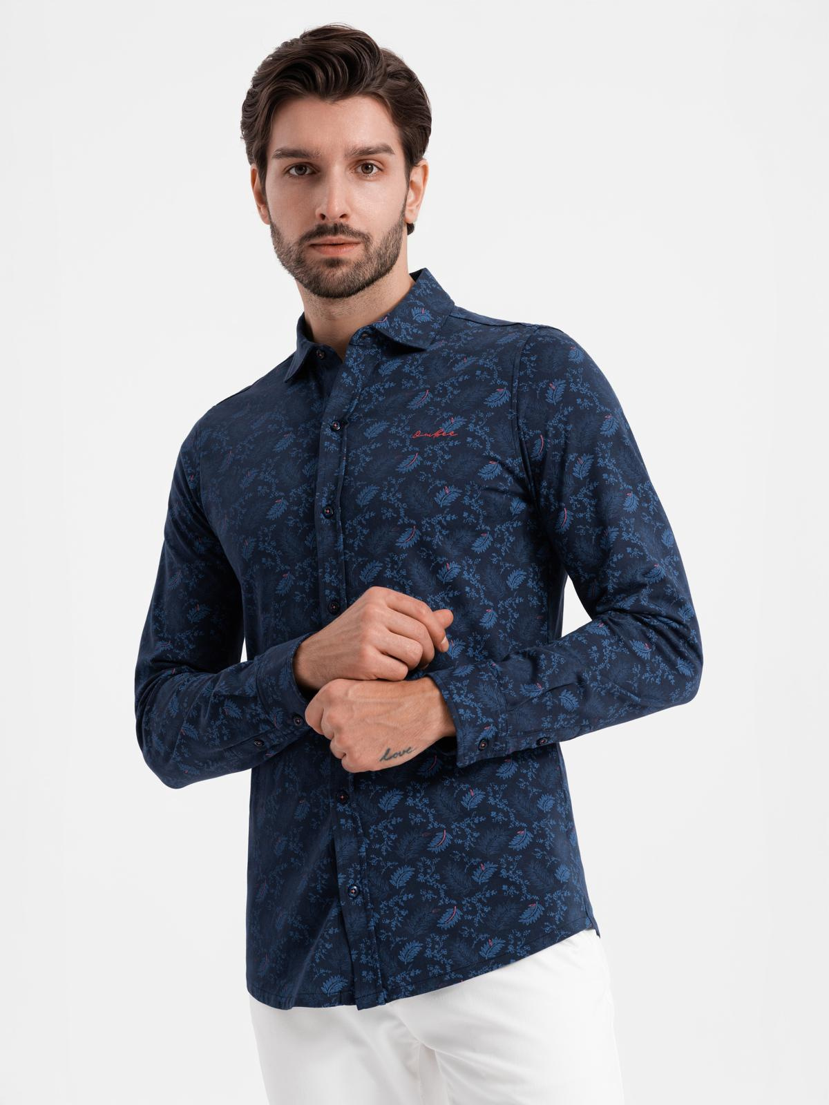 Ombre Men&#039;s cotton shirt with floral motif - navy blue