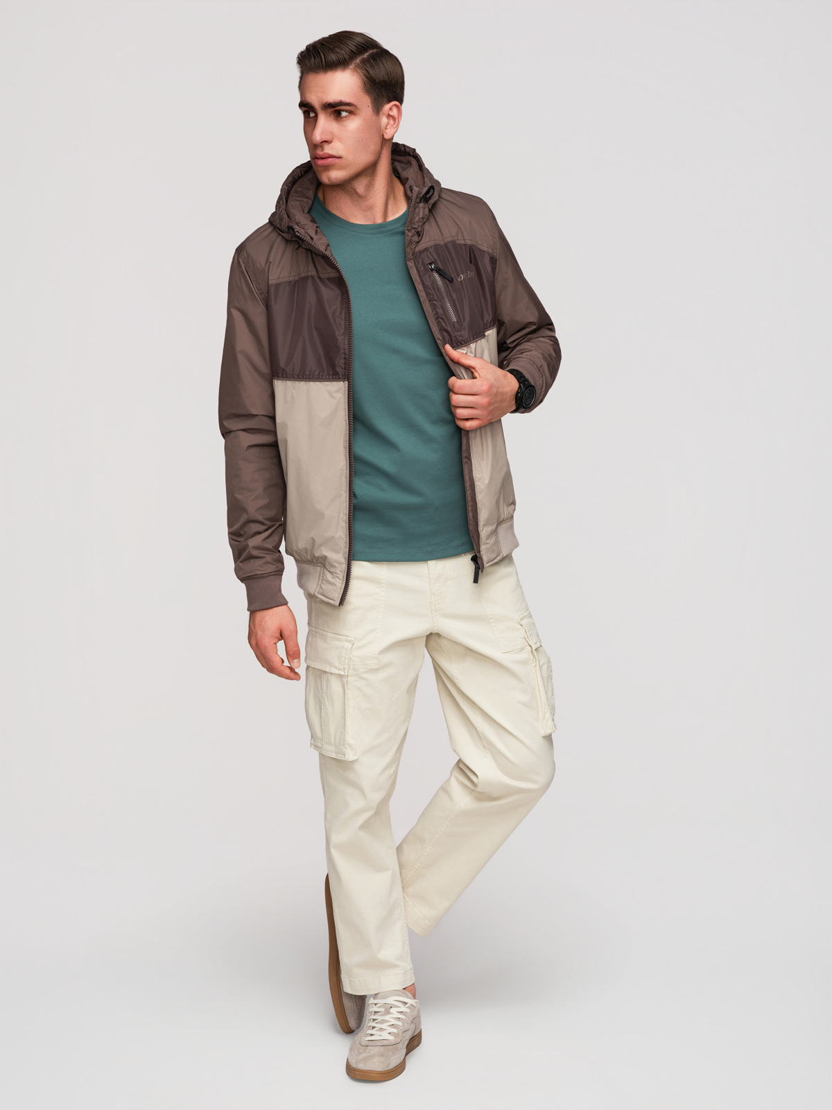 Ombre Lightweight colorful men's sports jacket with fleece - beige and dark brown