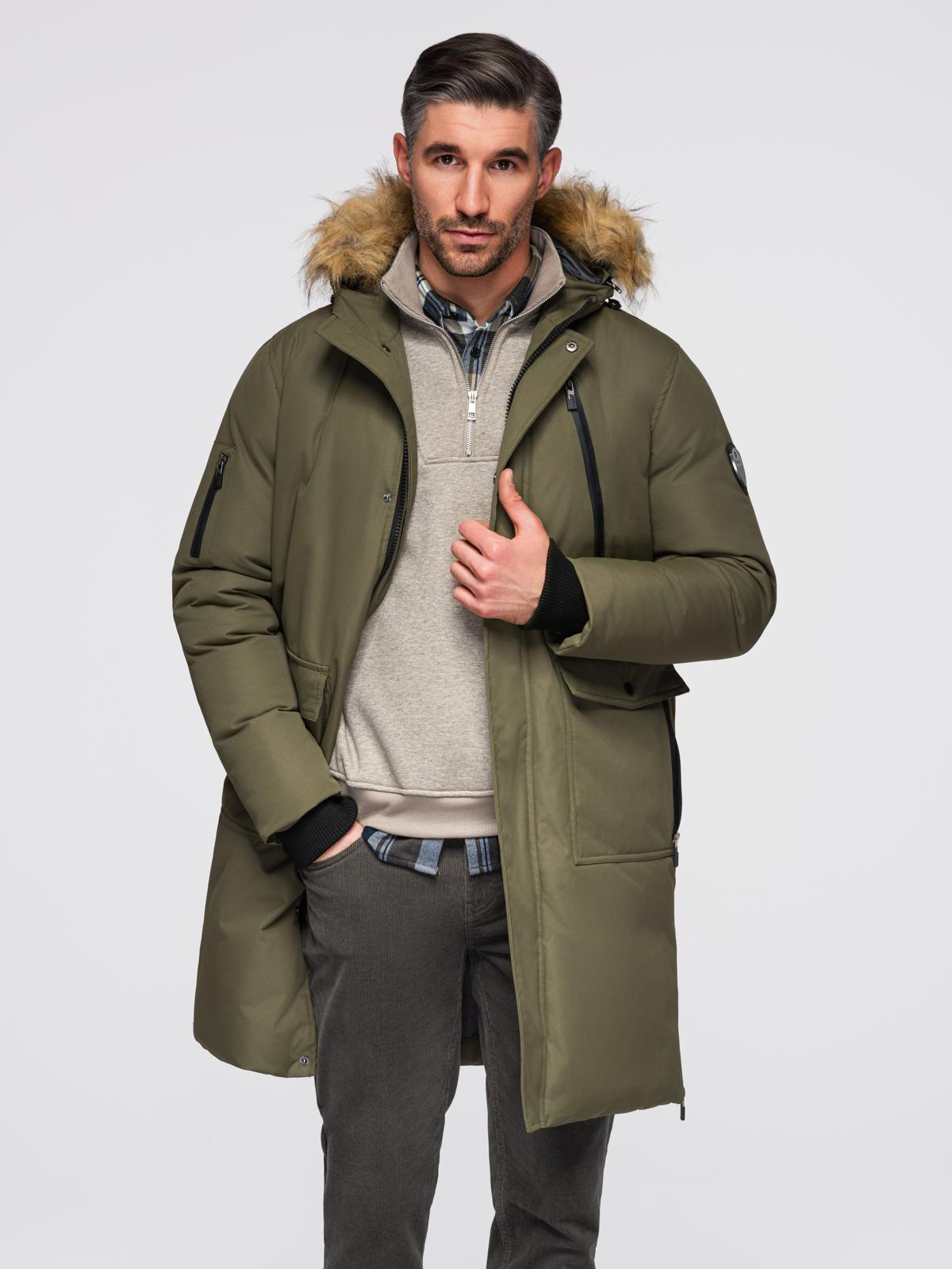 Ombre Alaskan men's winter jacket with detachable fur from the hood - dark olive green