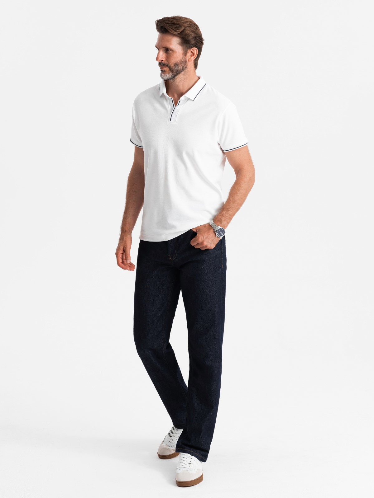 Ombre Men's pique knit polo shirt without buttons - white