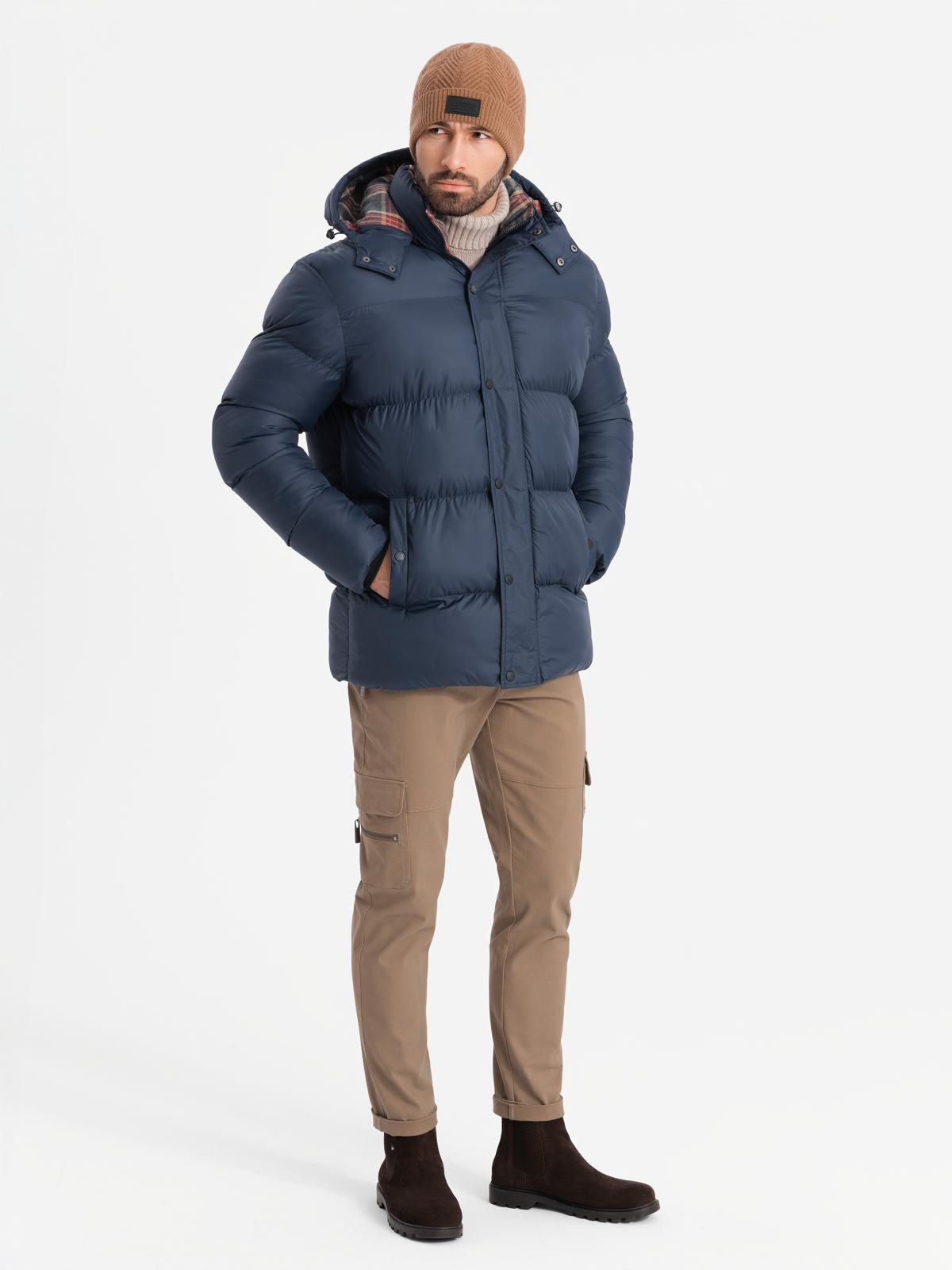 Ombre Men's puffer jacket with check lining - navy blue