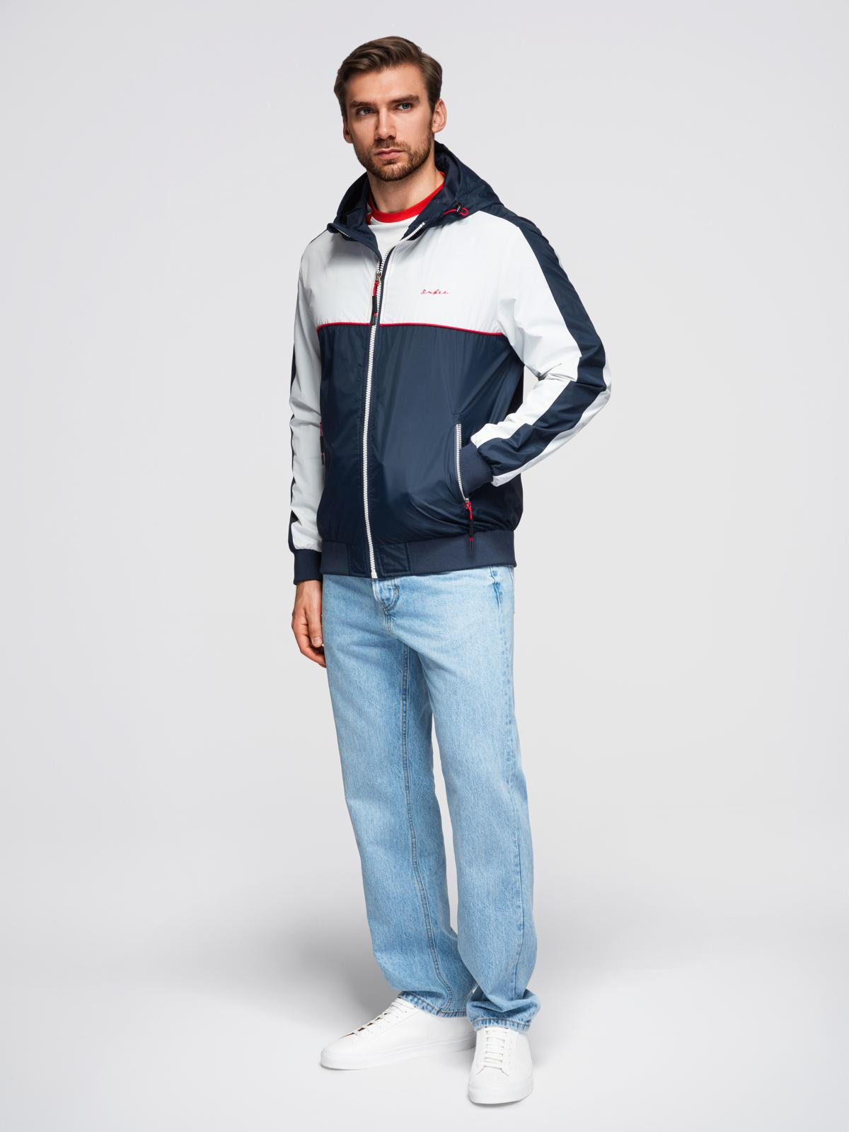 Ombre Men&#039;s contrast windbreaker jacket with hood - navy blue and white
