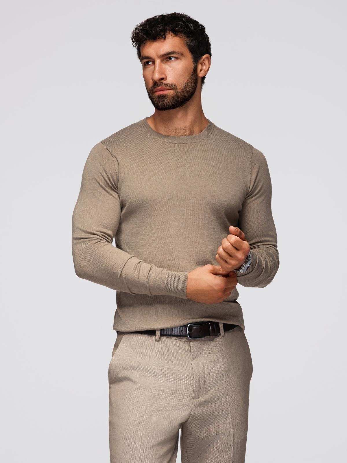 Ombre BASIC men&#039;s classic viscose sweater with round neckline - dark beige