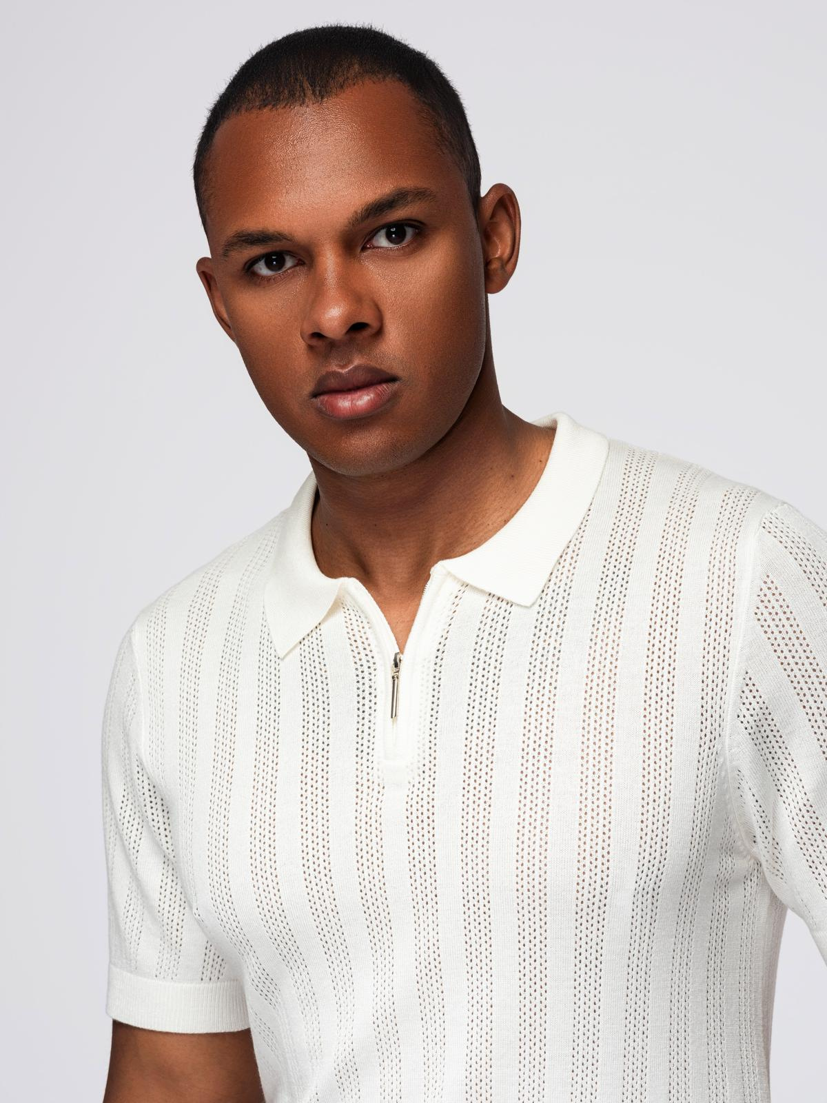 Ombre Men's openwork polo shirt with zipper at neckline - white