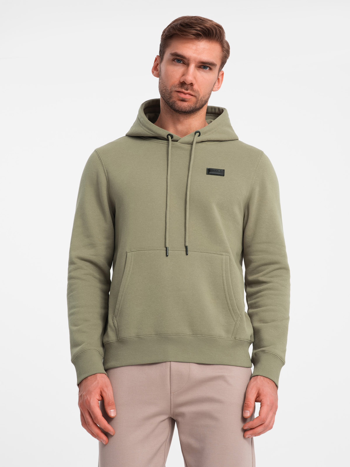 Ombre Men's kangaroo sweatshirt with hood and metal pin - olive