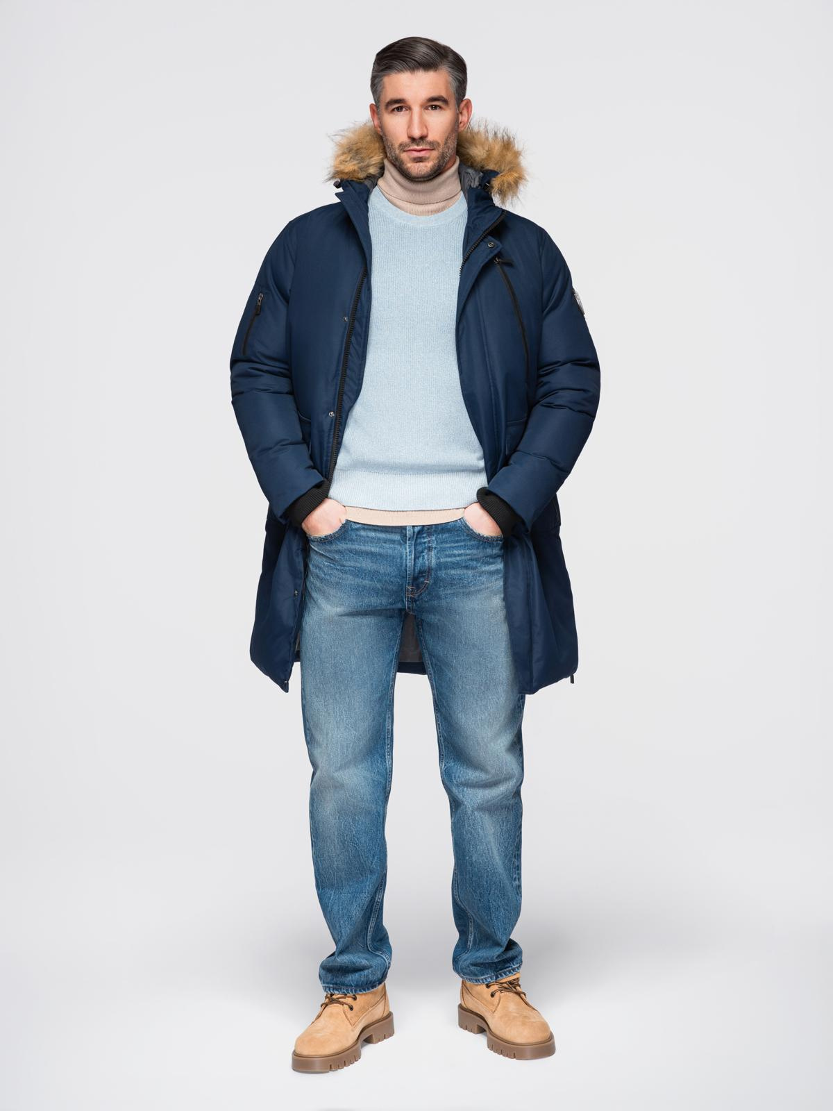 Ombre Alaskan men's winter jacket with detachable fur from the hood - navy blue