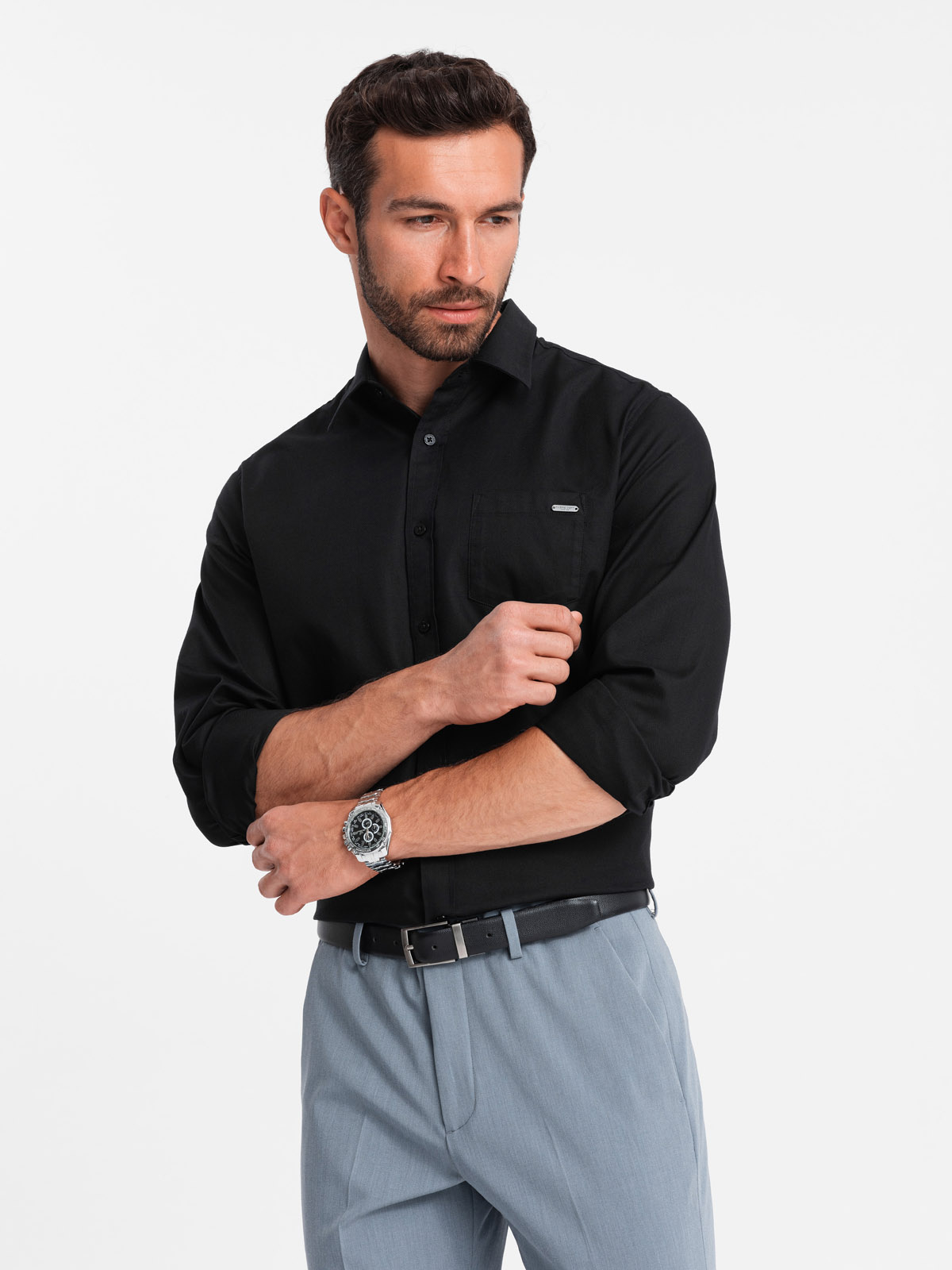 Ombre Men's cotton shirt with pocket REGULAR FIT - black