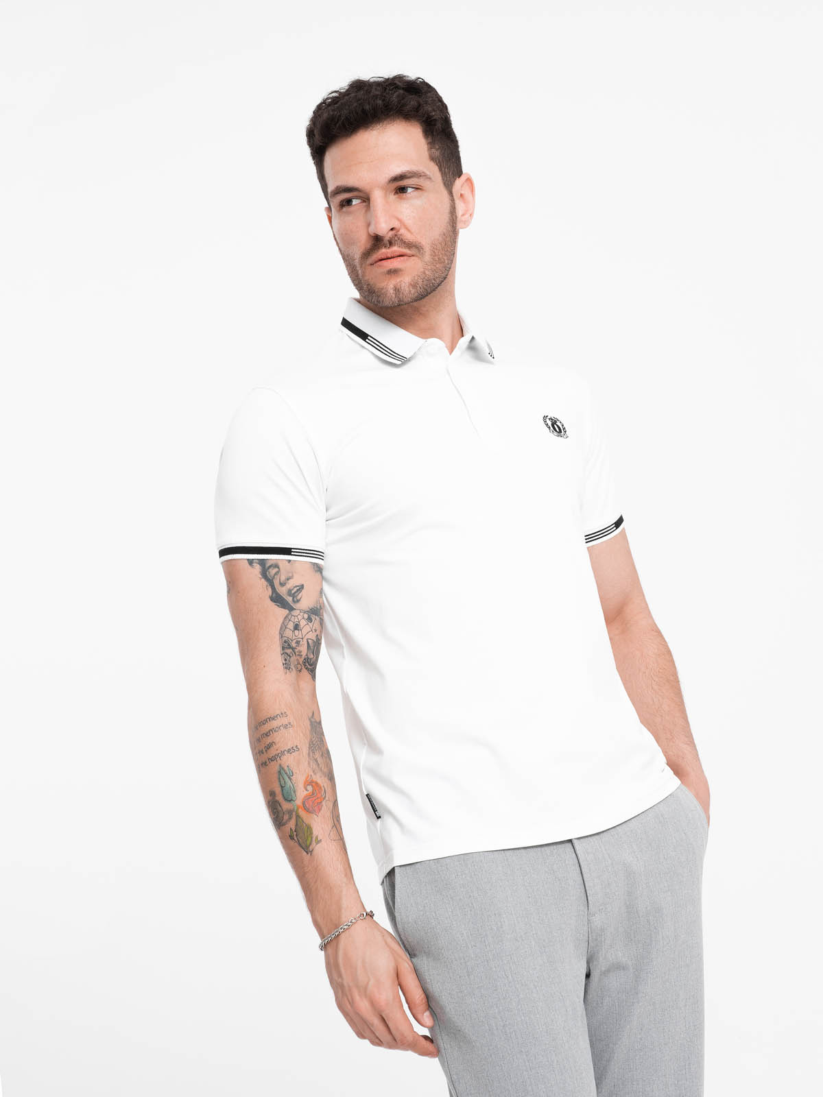 Levně Ombre Men's elastane polo shirt with contrasting elements - white