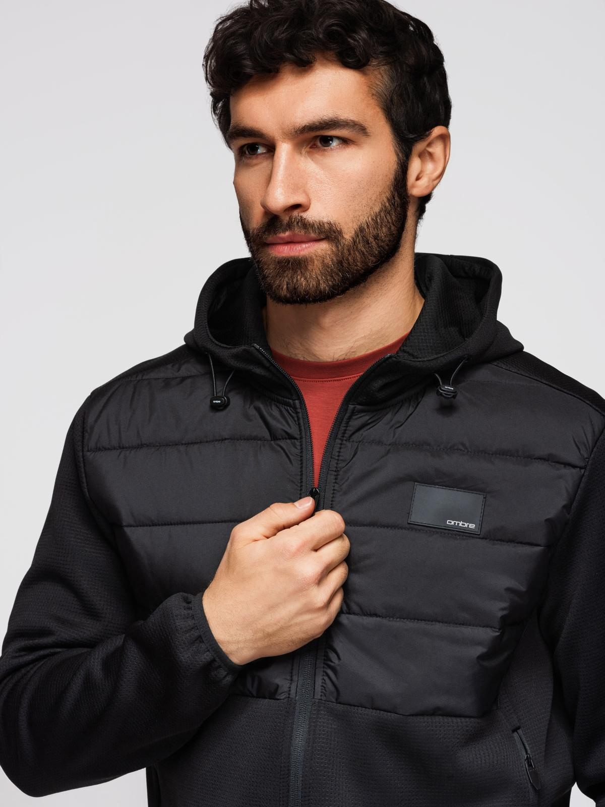 Ombre Men's lightweight jacket of combined materials with hood and decorative quilting - black