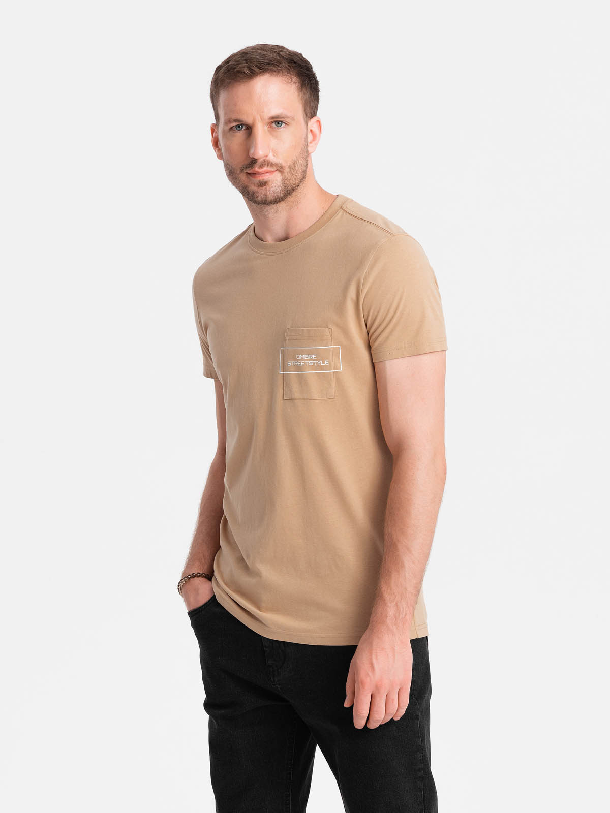 Men's cotton t-shirt with pocket print Ombre Streetstyle - sand