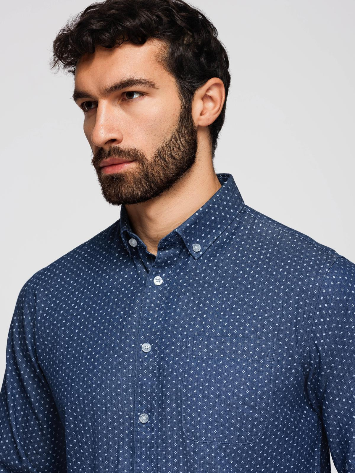 Ombre Men's patterned thin denim shirt with pocket - blue